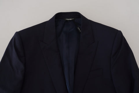 Blue wool slim fit formal blazer by Dolce & Gabbana, tailored with a sleek design and classic lapel for elegant office wear.