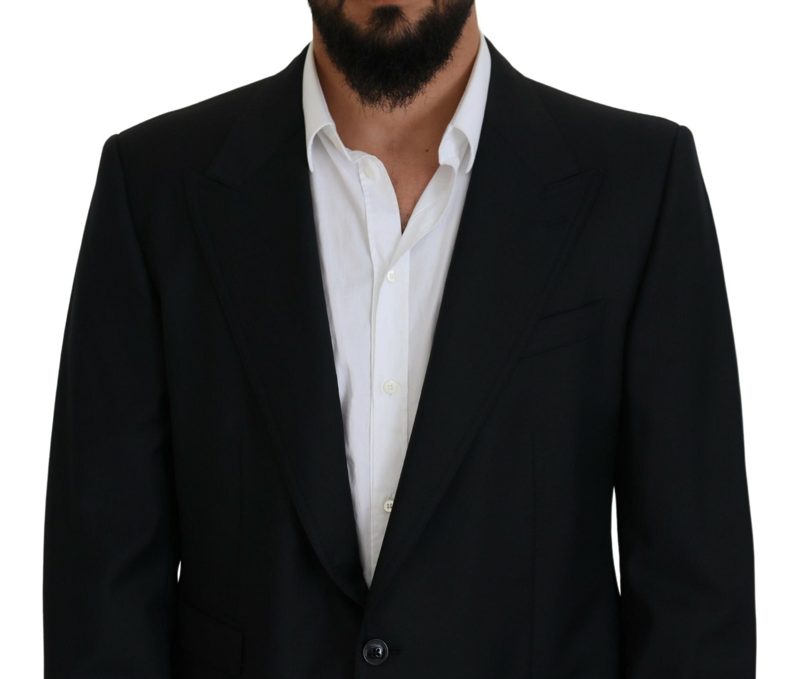 Dark blue wool Sicilia blazer by Dolce & Gabbana, tailored fit with notch lapels and button closure, styled on a mannequin.