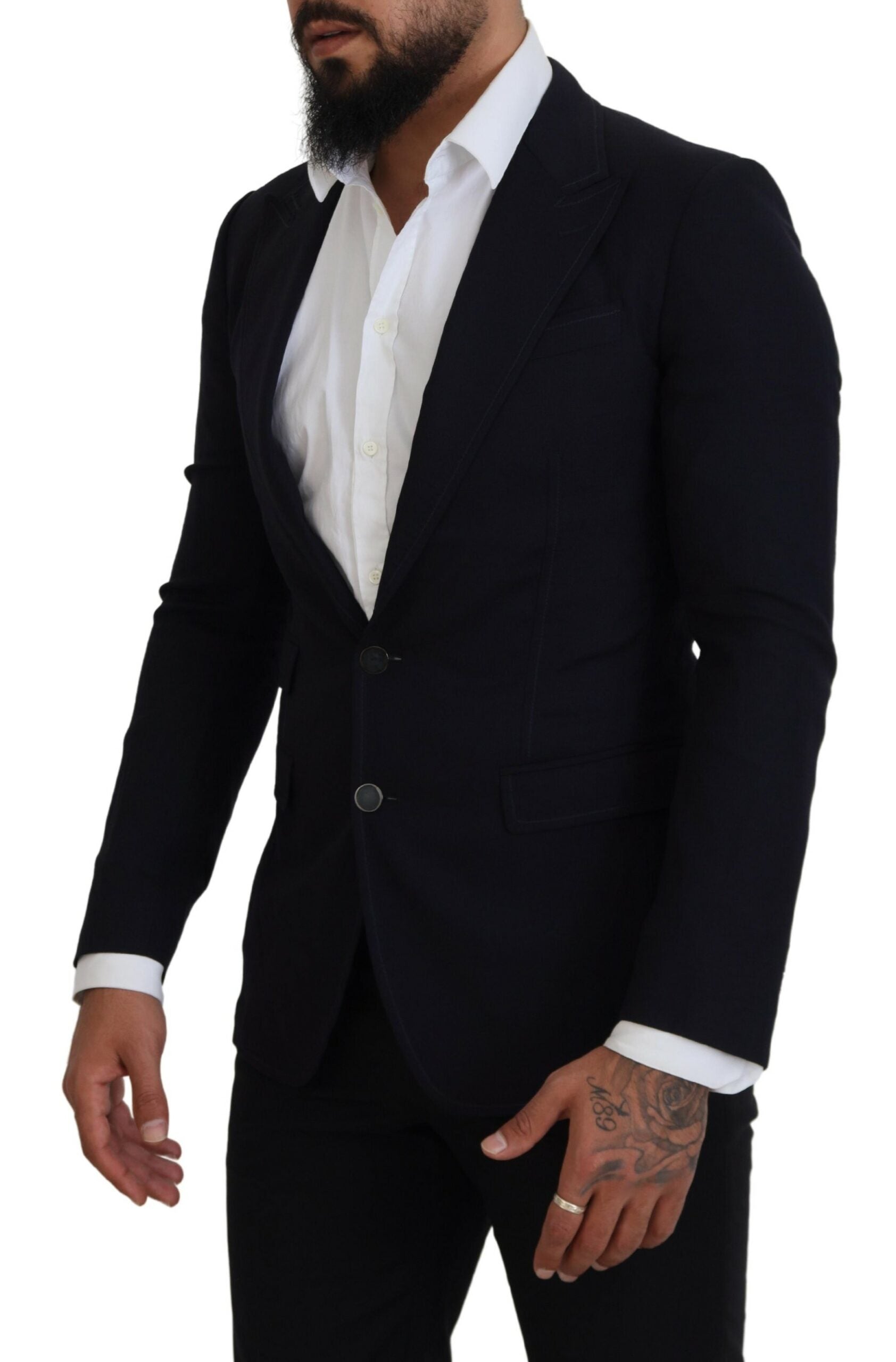 Blue wool formal blazer by Dolce & Gabbana, tailored fit with classic lapel and button closure, displayed on a hanger.