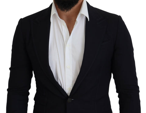 Blue wool formal blazer by Dolce & Gabbana, tailored fit with classic lapels, displayed on a hanger against a neutral background.