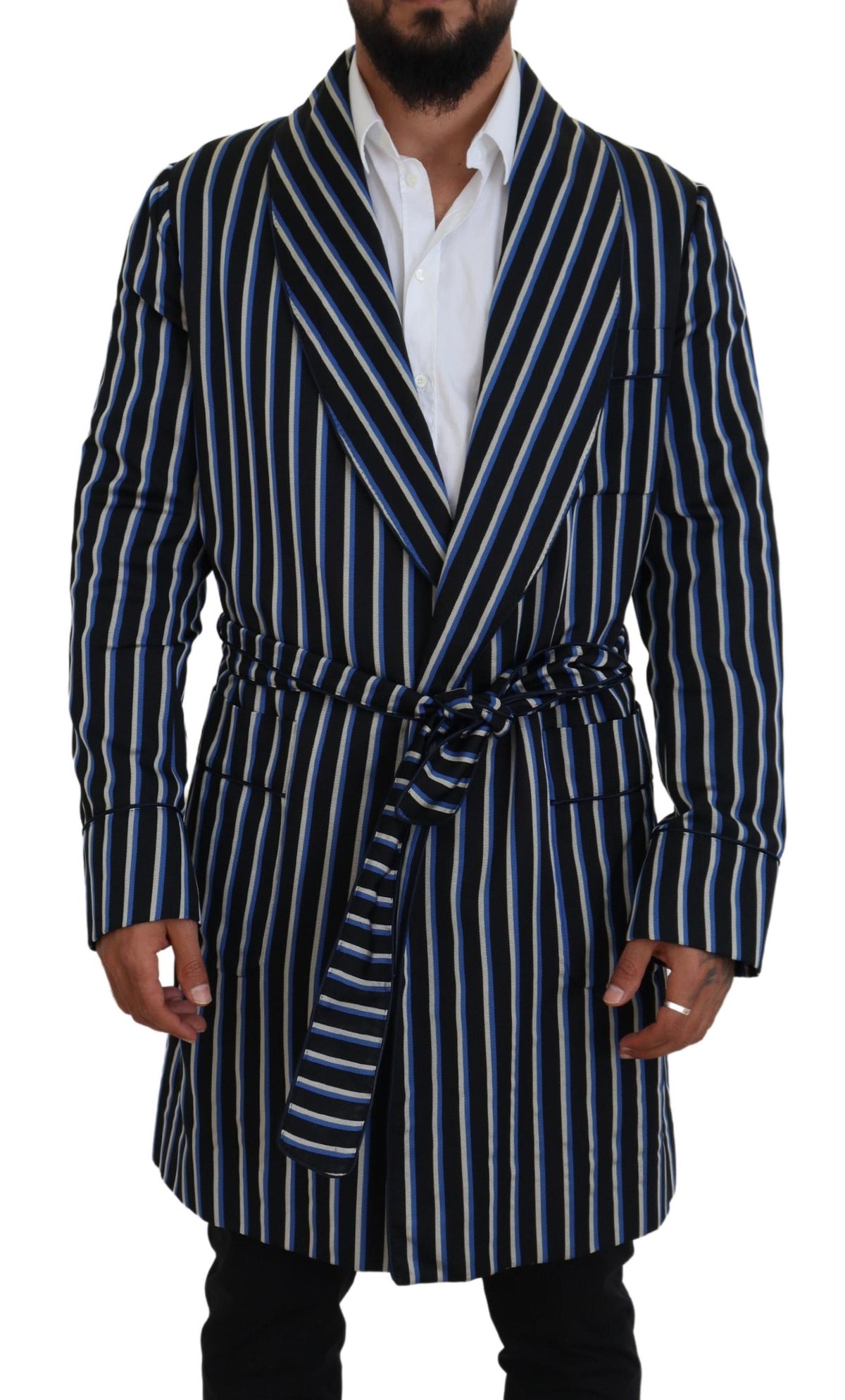 Black and blue printed lining robe by Dolce & Gabbana, featuring luxurious fabric and elegant design details.