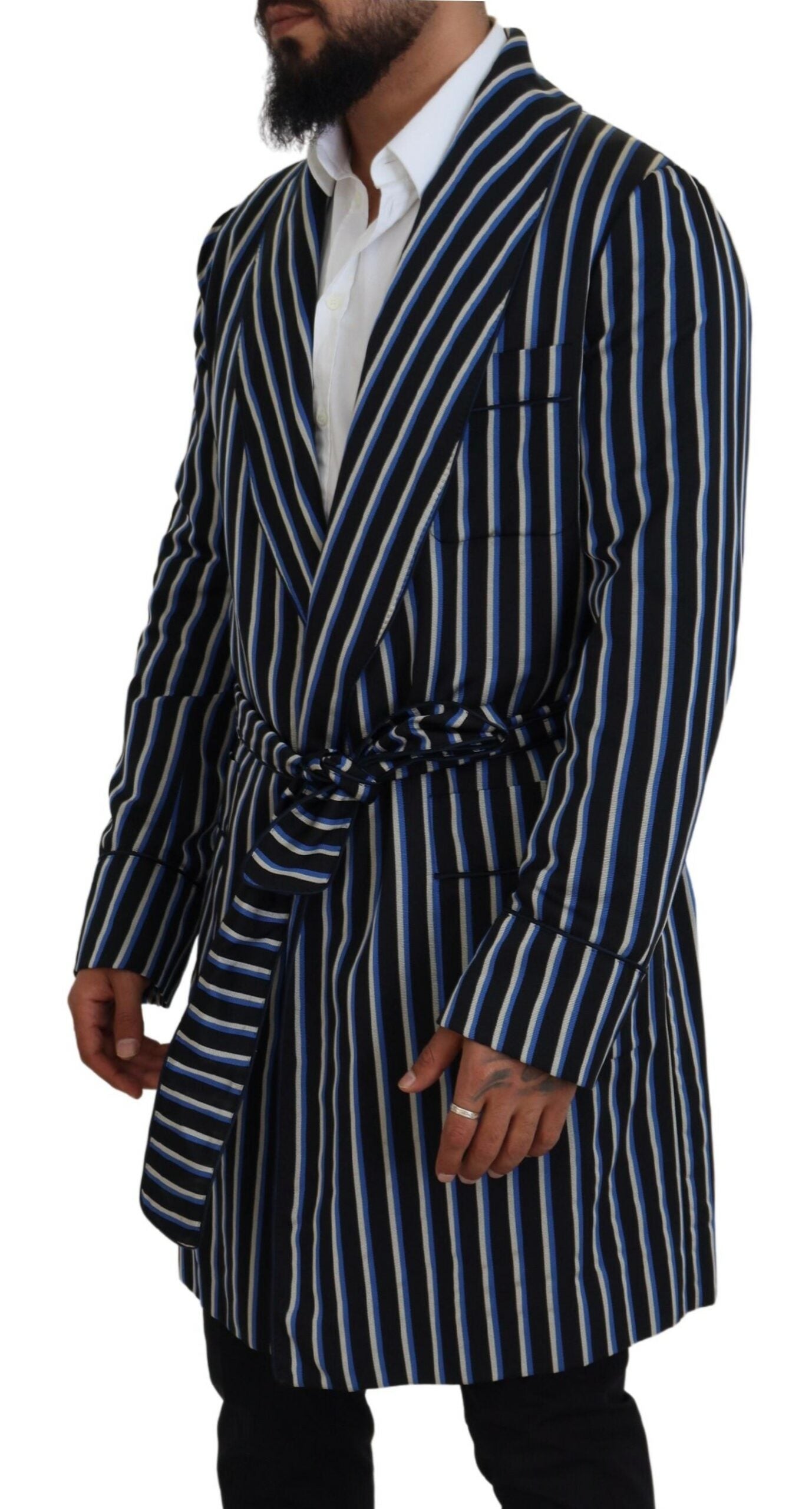 Black and blue printed lining robe by Dolce & Gabbana featuring a stylish, luxurious design with intricate pattern details.