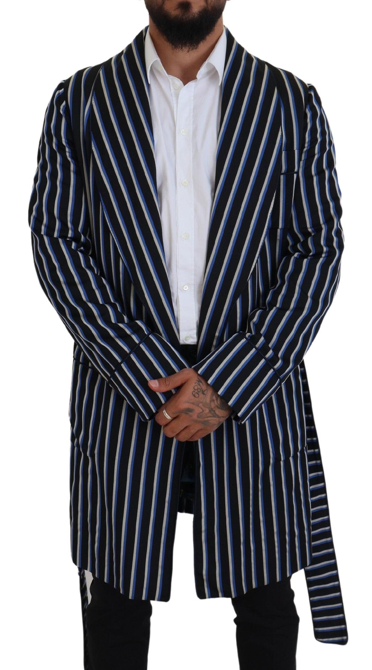 Black and blue printed lining robe by Dolce & Gabbana, featuring luxurious fabric and elegant design details.