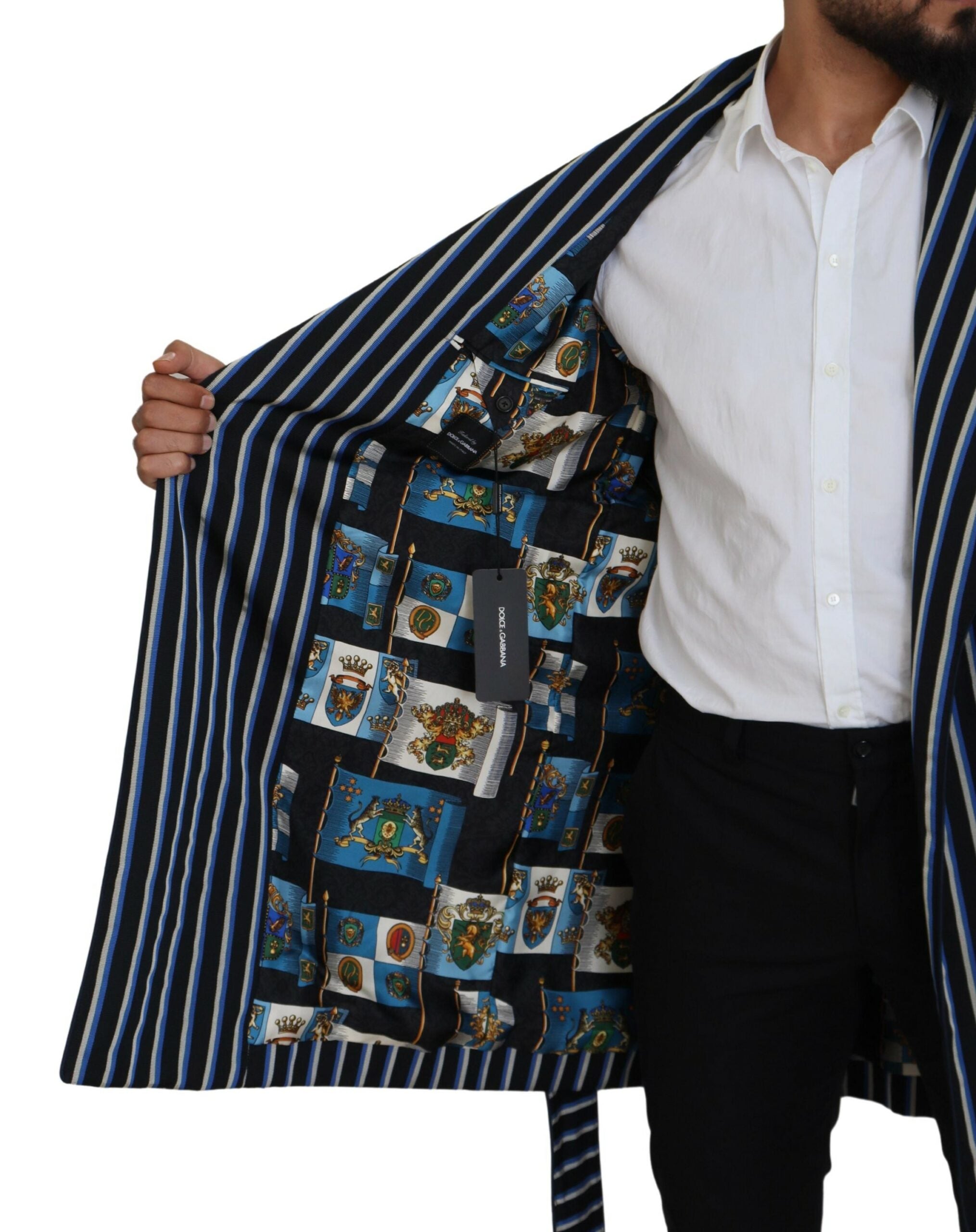 Black and blue printed lining robe by Dolce & Gabbana featuring a stylish, elegant design and luxurious fabric.