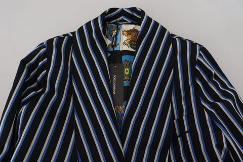 Dolce & Gabbana black and blue printed lining robe with elegant design and luxurious fabric, displayed on a hanger.