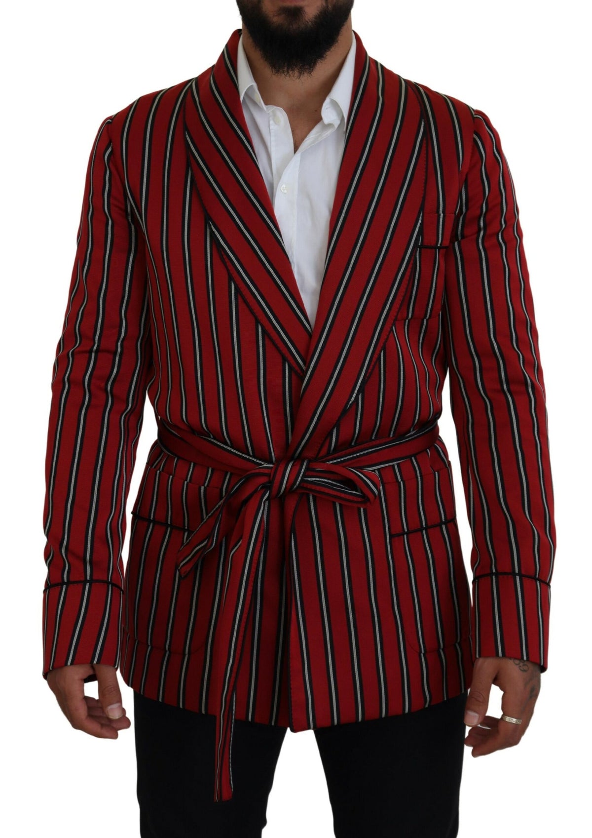 Red striped Dolce & Gabbana robe with martini print and printed lining, featuring a luxurious, stylish design.