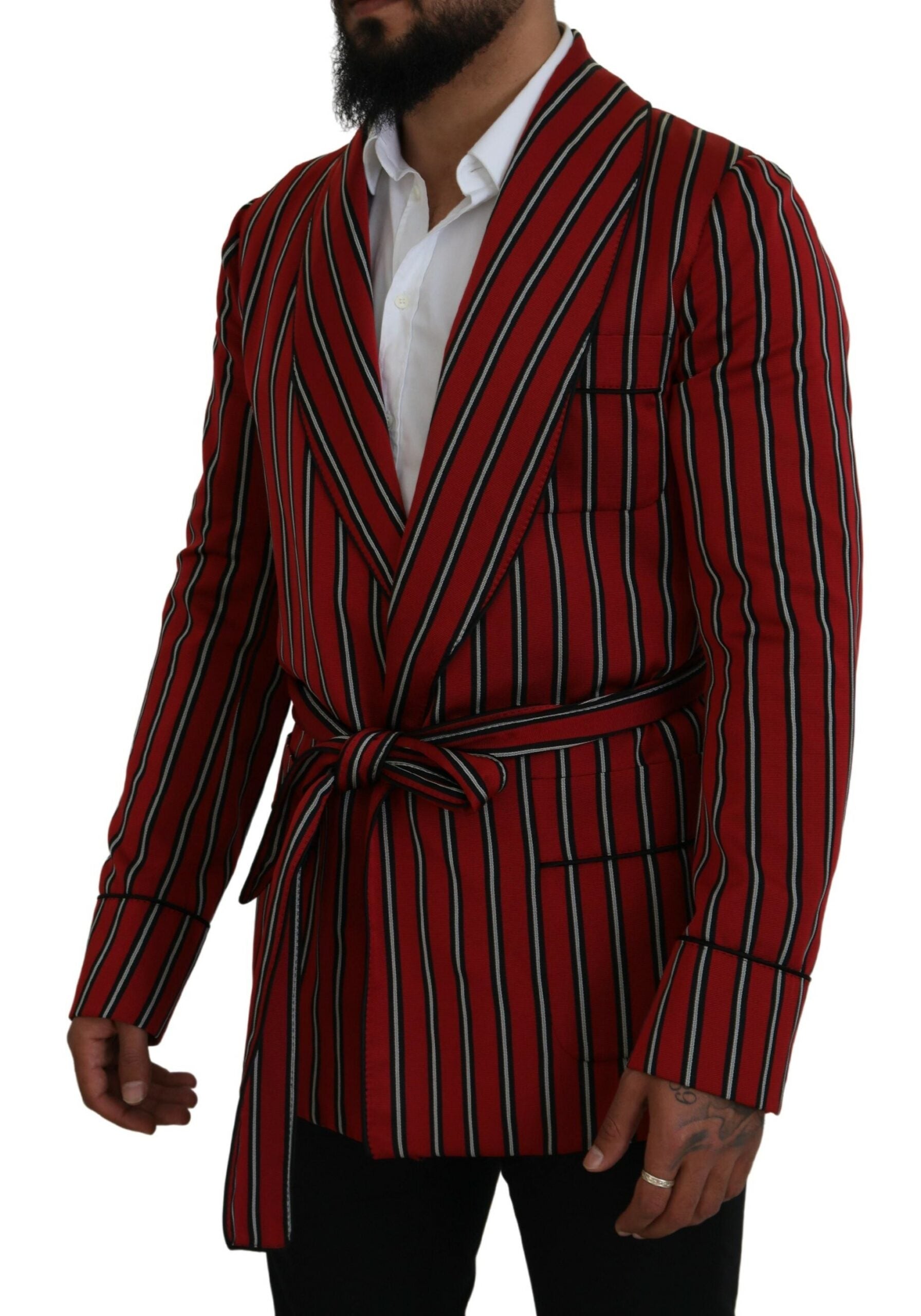 Red striped robe with martini print lining by Dolce & Gabbana, featuring a luxurious, silky fabric and elegant design.