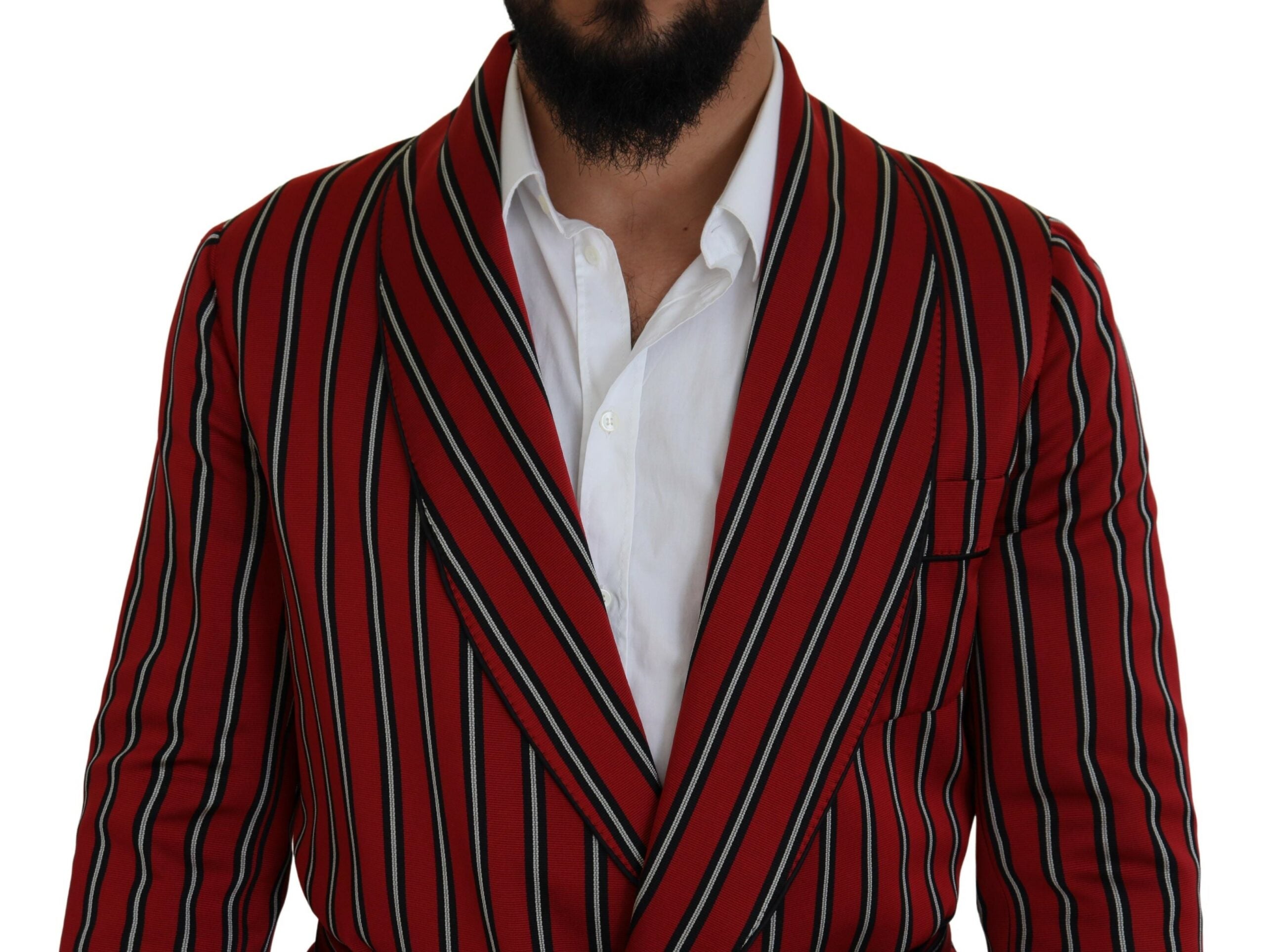 Red striped Dolce & Gabbana printed lining robe with a relaxed fit and elegant design, featuring bold pattern and luxurious fabric.