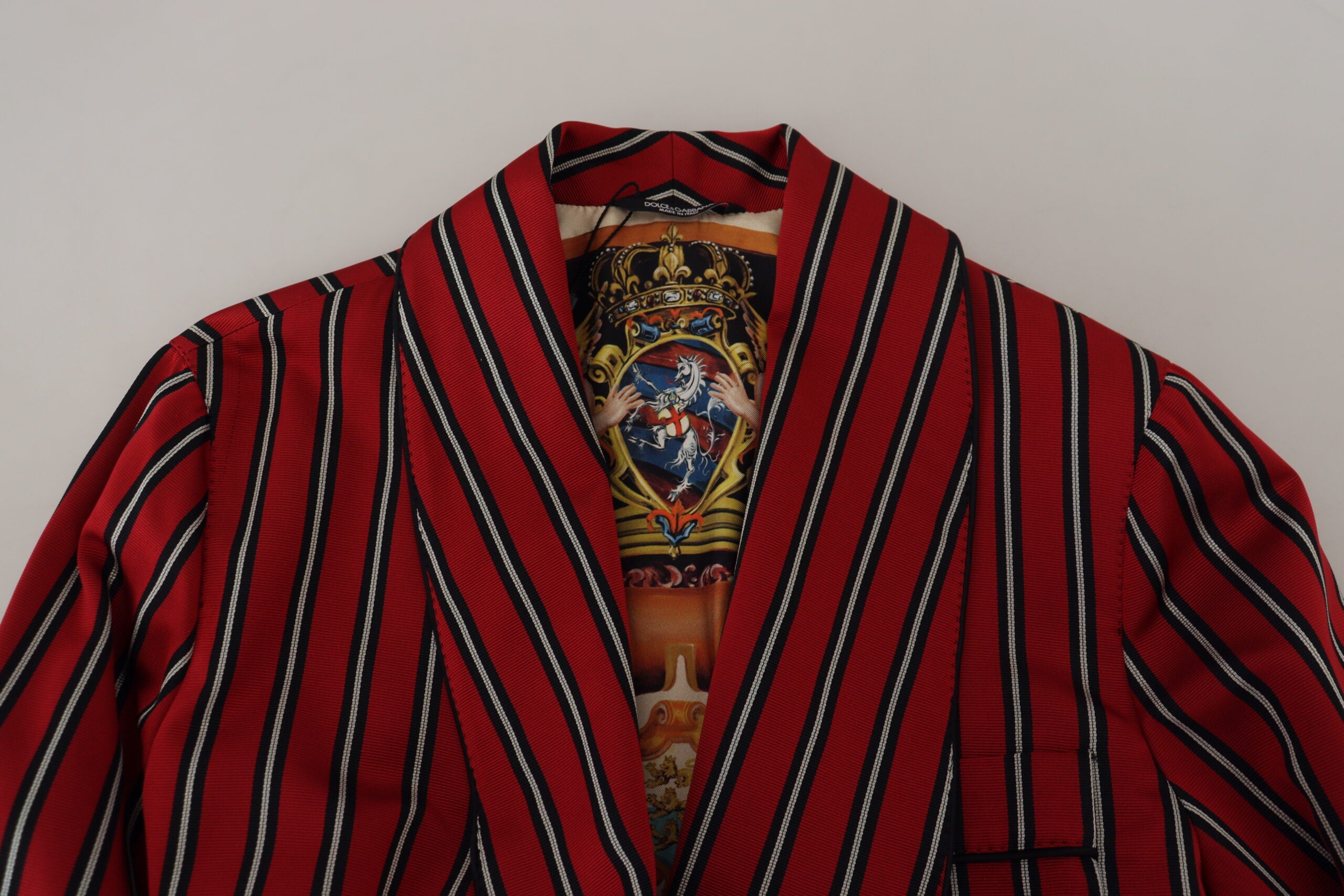 Red striped Dolce & Gabbana robe with printed lining, featuring a stylish and luxurious design perfect for elegant loungewear.
