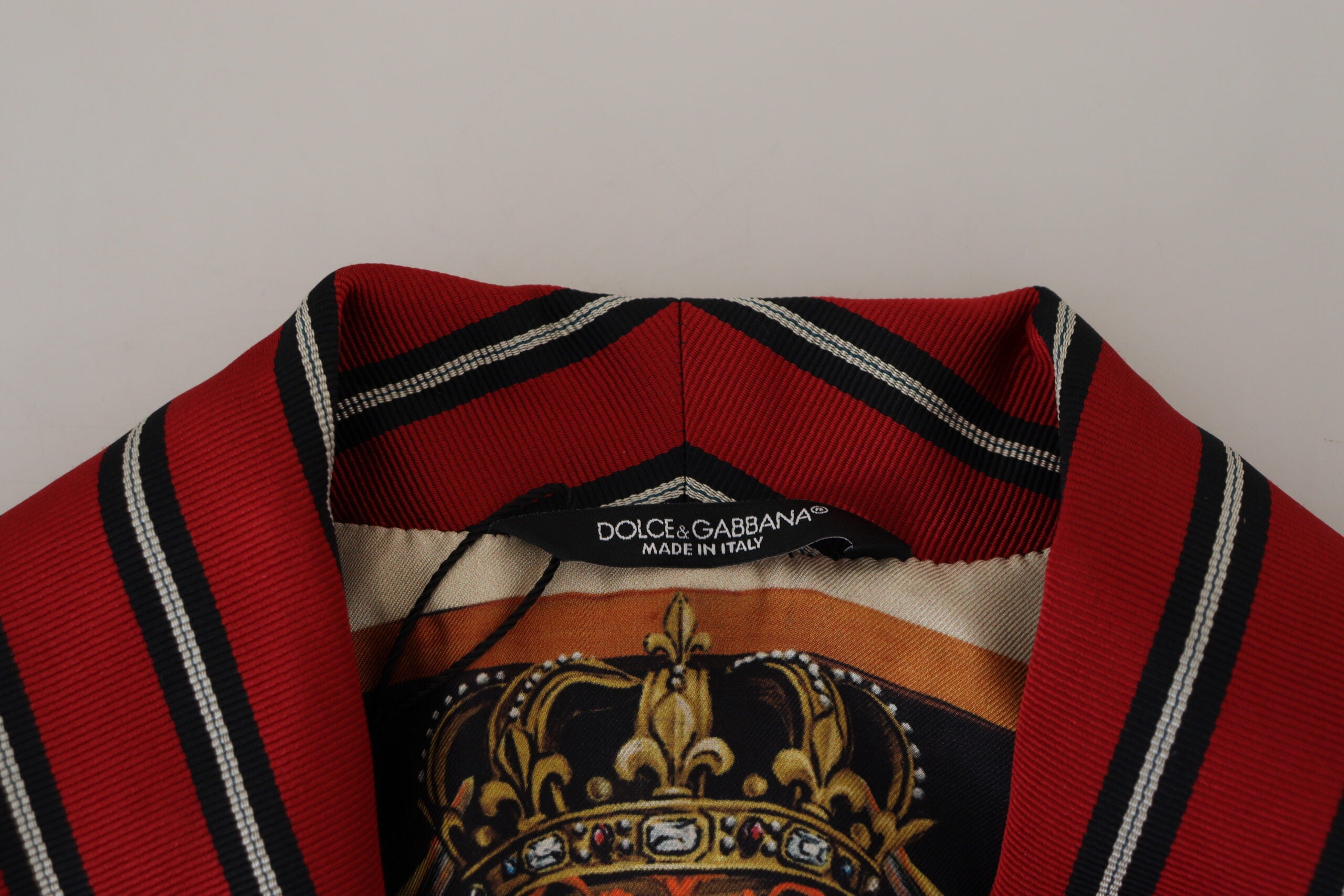 Red striped Dolce & Gabbana robe with martini print and satin lining, featuring a relaxed fit and luxurious design.
