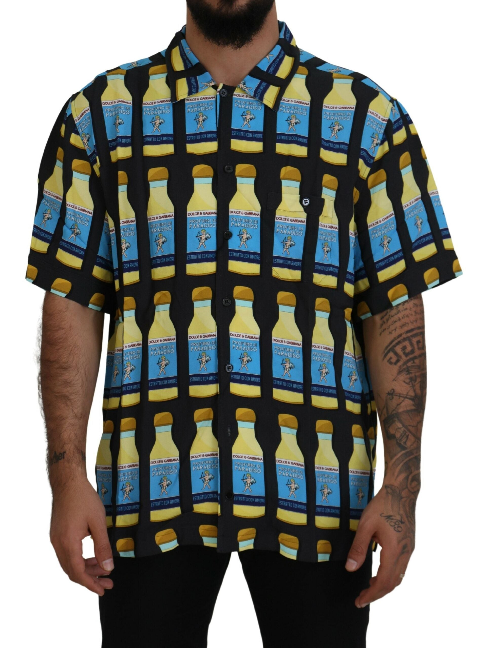 Multicolor printed viscose casual shirt by Dolce & Gabbana displayed on a hanger with vibrant pattern details.