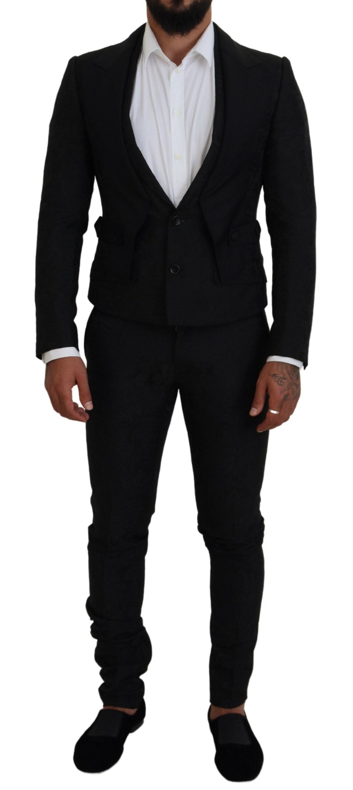 Black polyester men's two-piece Martini suit by Dolce & Gabbana, showing the tailored jacket and matching trousers.