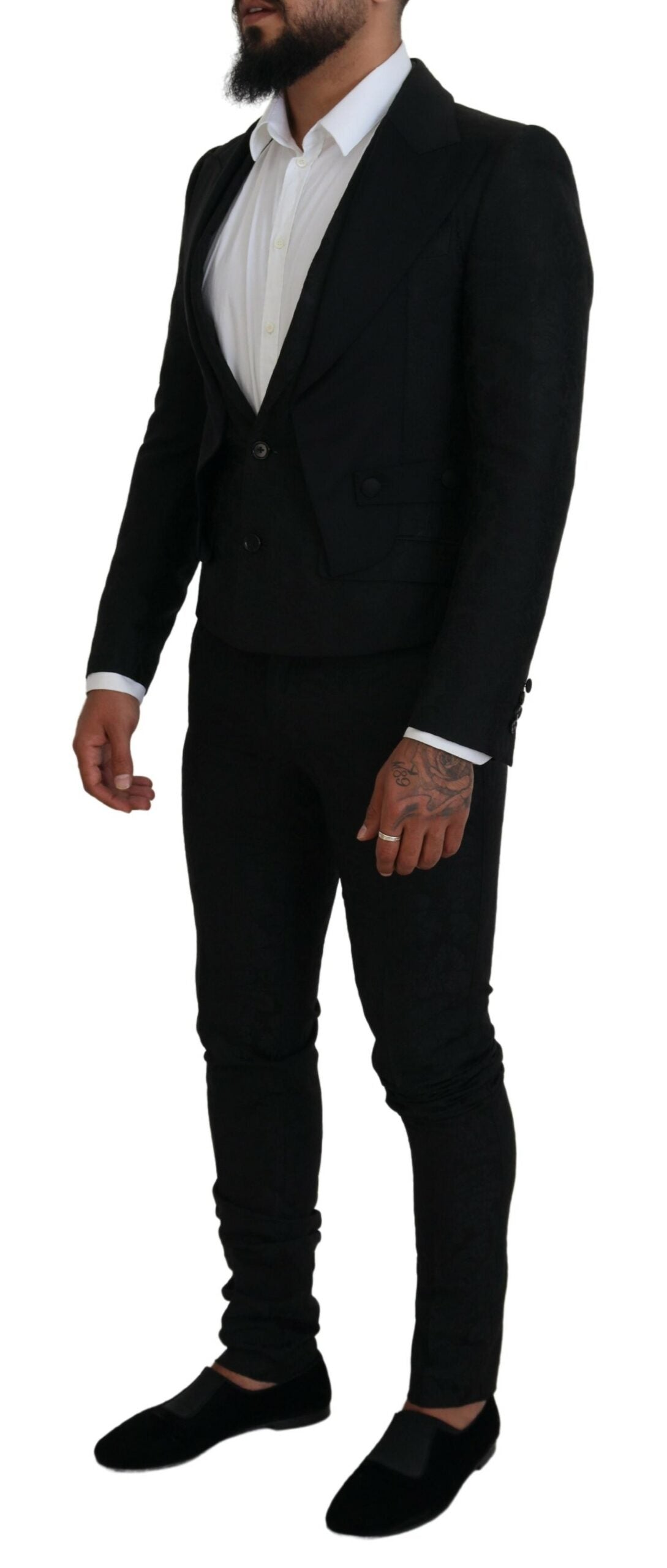 Black polyester men's two-piece Martini suit by Dolce & Gabbana with tailored fit and sleek design.