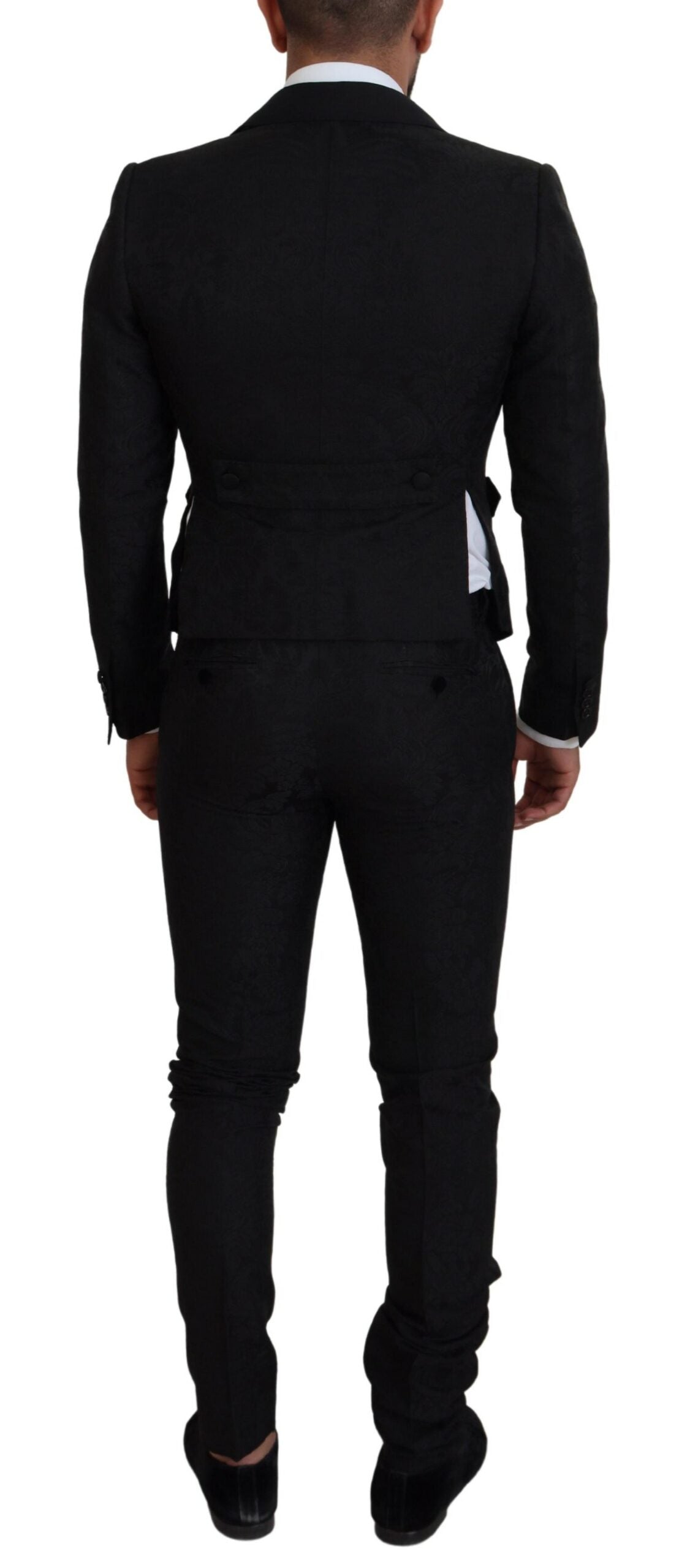 Black polyester men's 2-piece Martini suit by Dolce & Gabbana, featuring a tailored jacket and matching trousers.