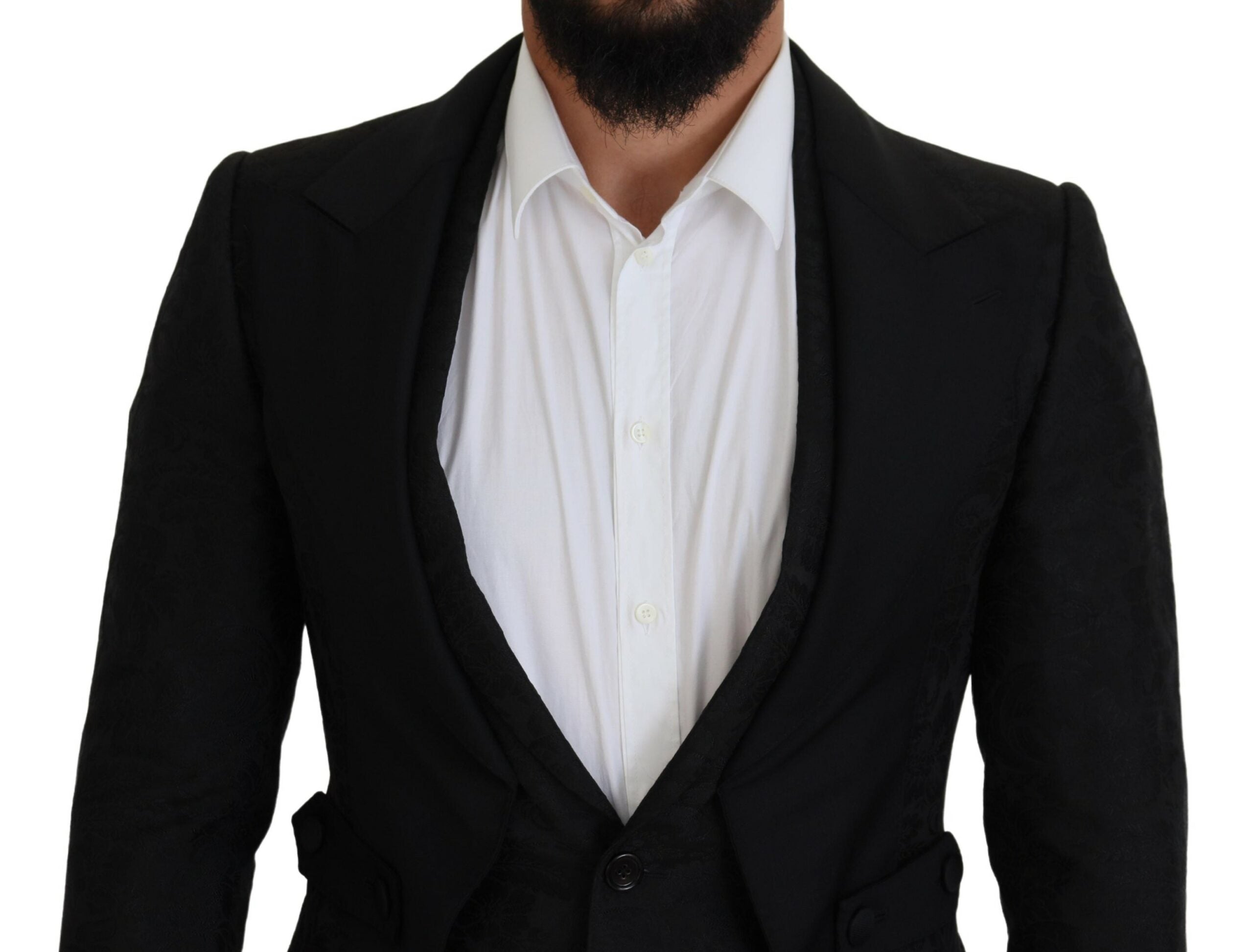 Black polyester men's two-piece Martini suit by Dolce & Gabbana, shown on a hanger with detailed fabric texture.