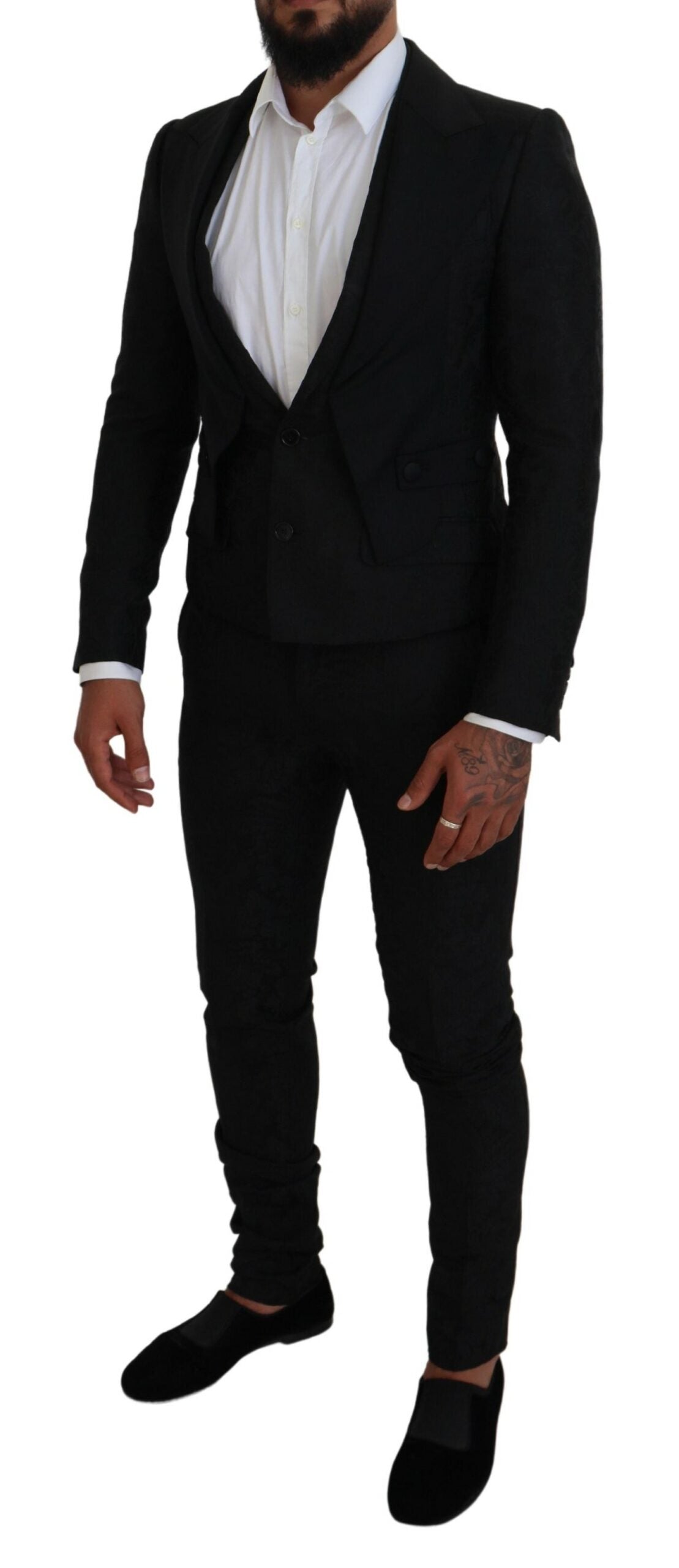 Black polyester men's two-piece Martini suit by Dolce & Gabbana, featuring a tailored fit and classic style.