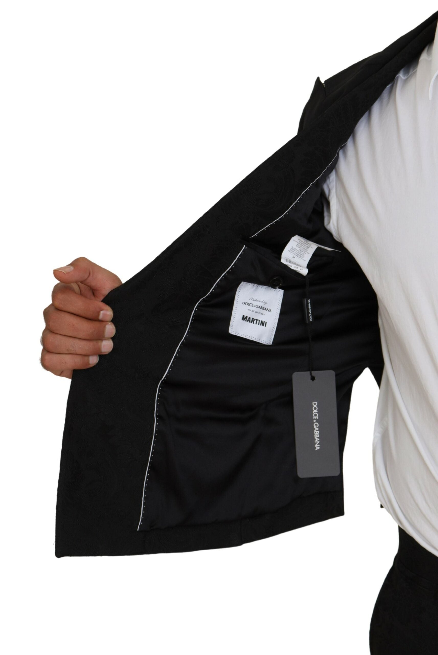 Black polyester men's two-piece Martini suit by Dolce & Gabbana, featuring a tailored blazer and matching trousers.