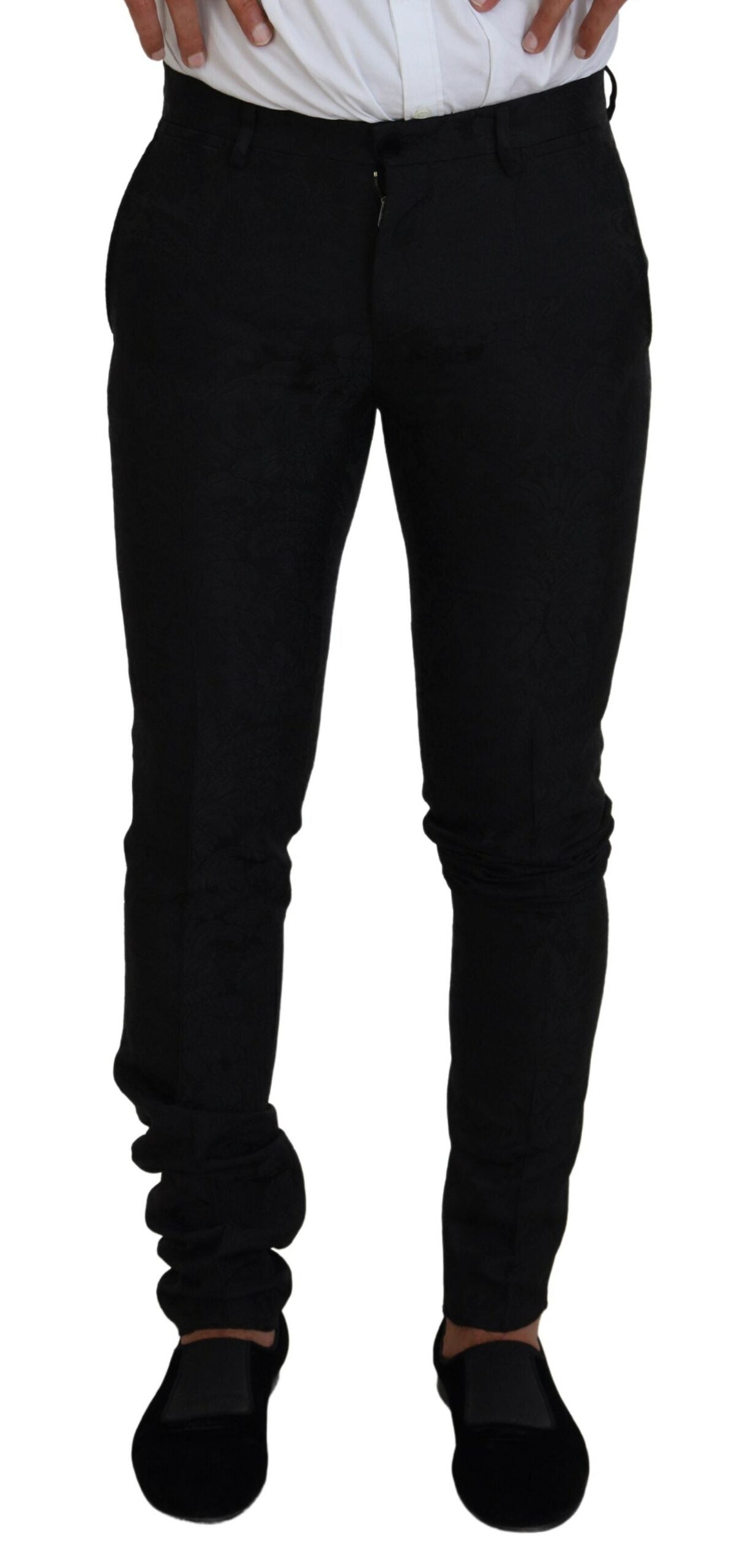 Black polyester men's two-piece martini suit by Dolce & Gabbana, featuring a tailored jacket and matching trousers.