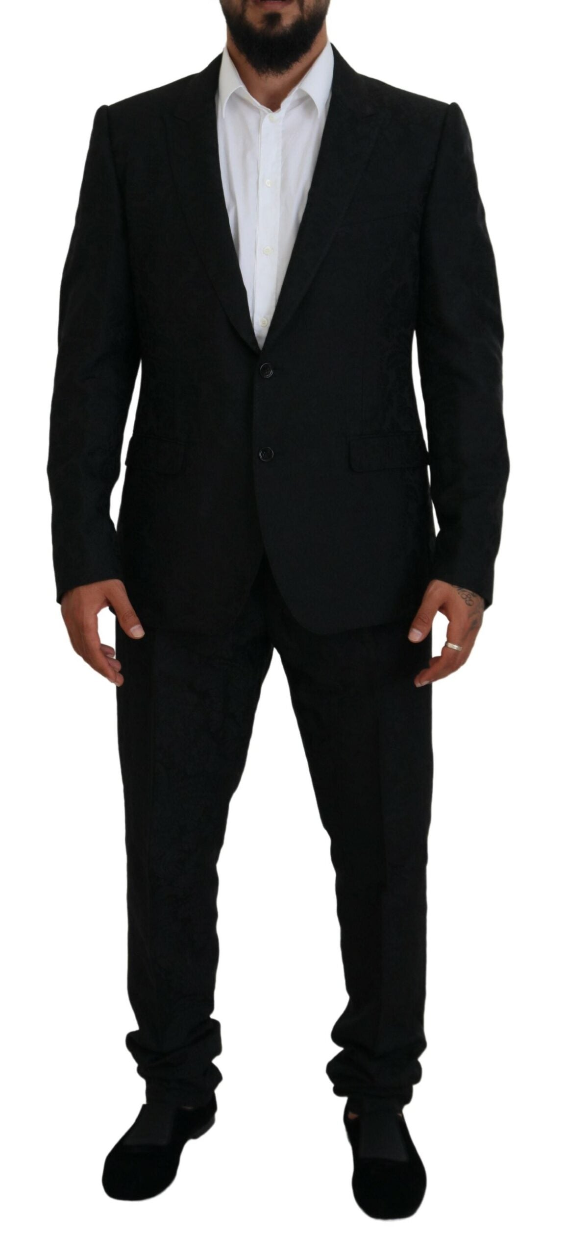 Black Dolce & Gabbana single-breasted two-piece Martini suit, tailored fit with notch lapel and sleek design, front view.