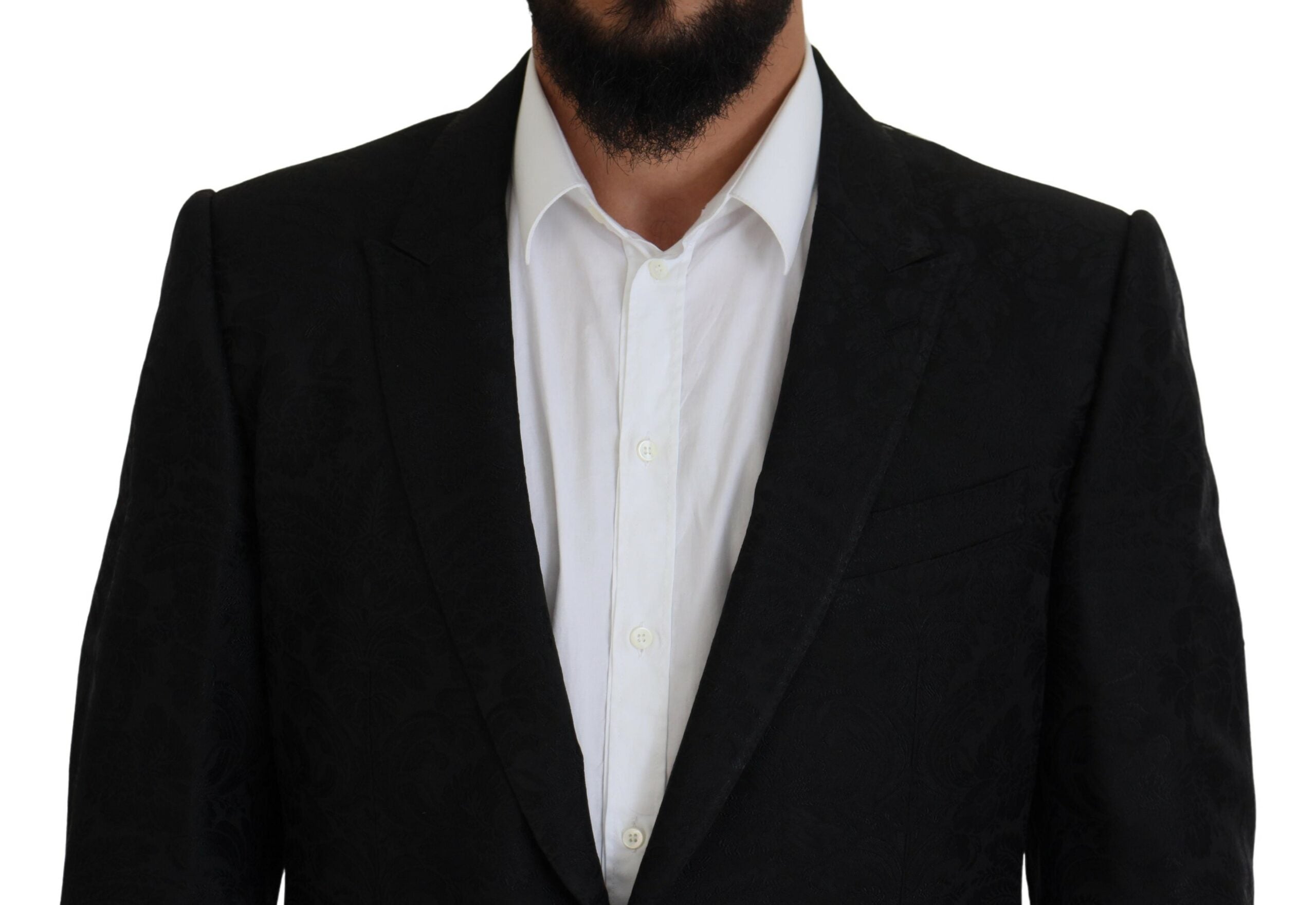 Black single-breasted two-piece Martini suit by Dolce & Gabbana, featuring tailored lapels and classic fit, displayed on a mannequin.