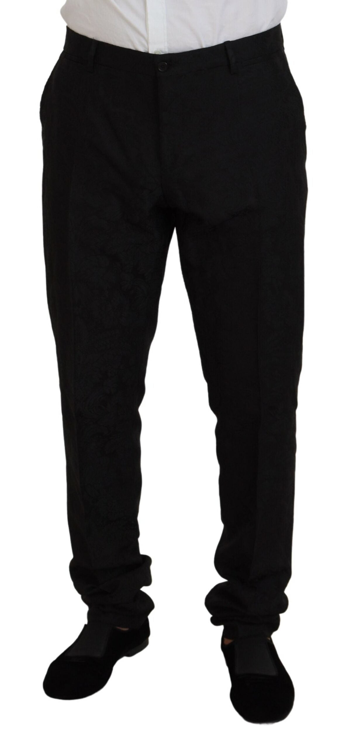 Black Dolce & Gabbana single-breasted 2-piece Martini suit, tailored fit with notch lapels and sleek design.