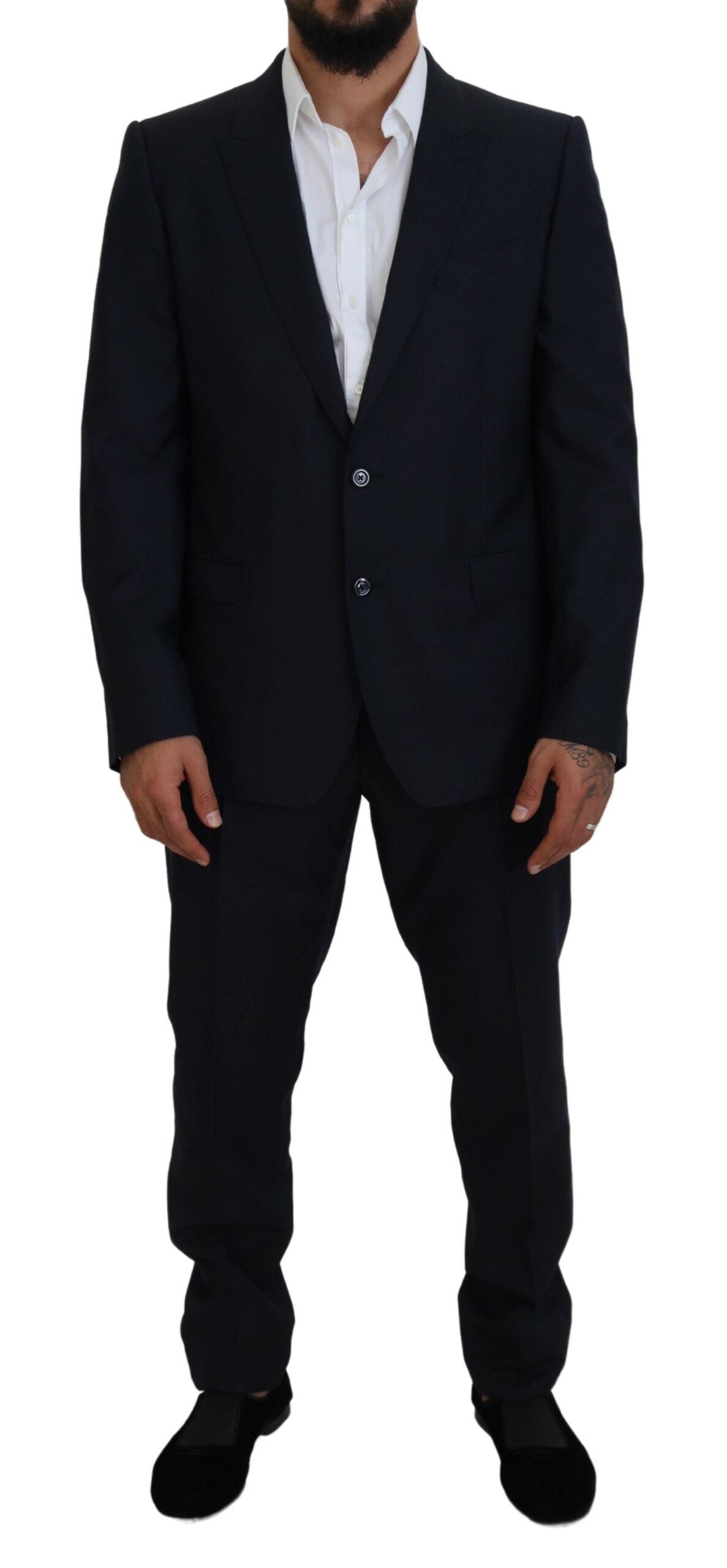 Elegant blue Dolce & Gabbana single-breasted 2-piece Martini suit displayed on a mannequin.