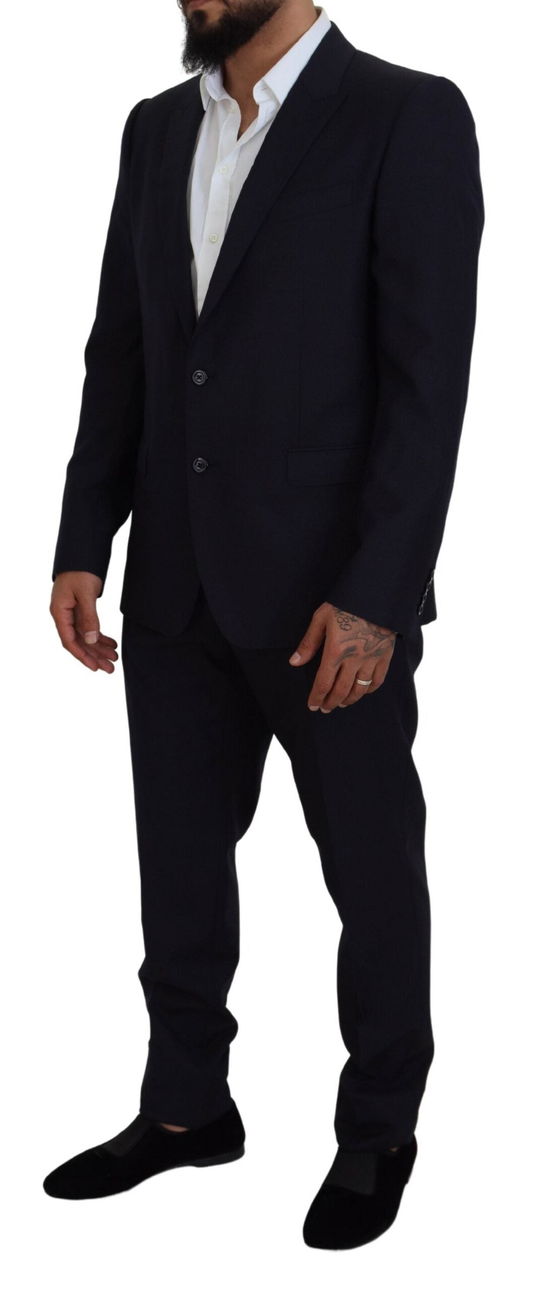 Blue single-breasted two-piece Martini suit by Dolce & Gabbana, featuring tailored fit and classic lapel design.
