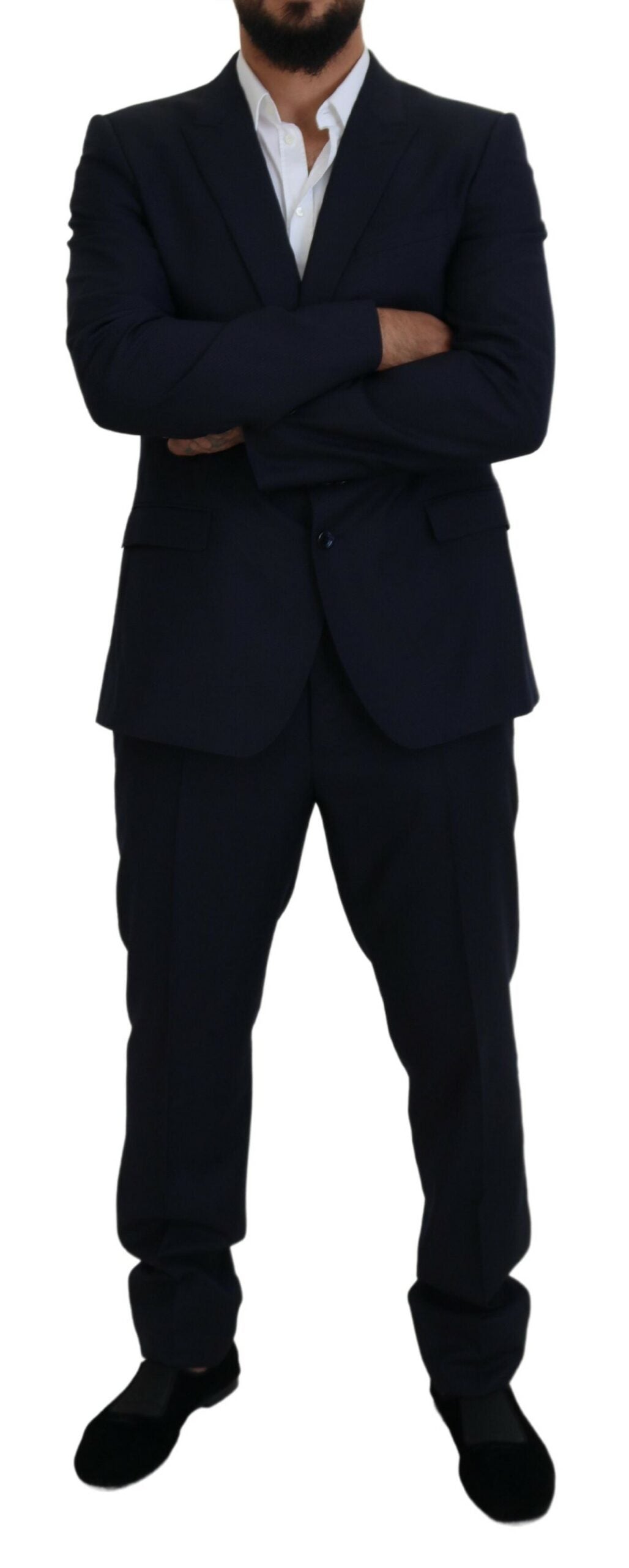 Blue Dolce & Gabbana single-breasted 2-piece Martini suit, tailored fit with lapel collar and matching trousers.