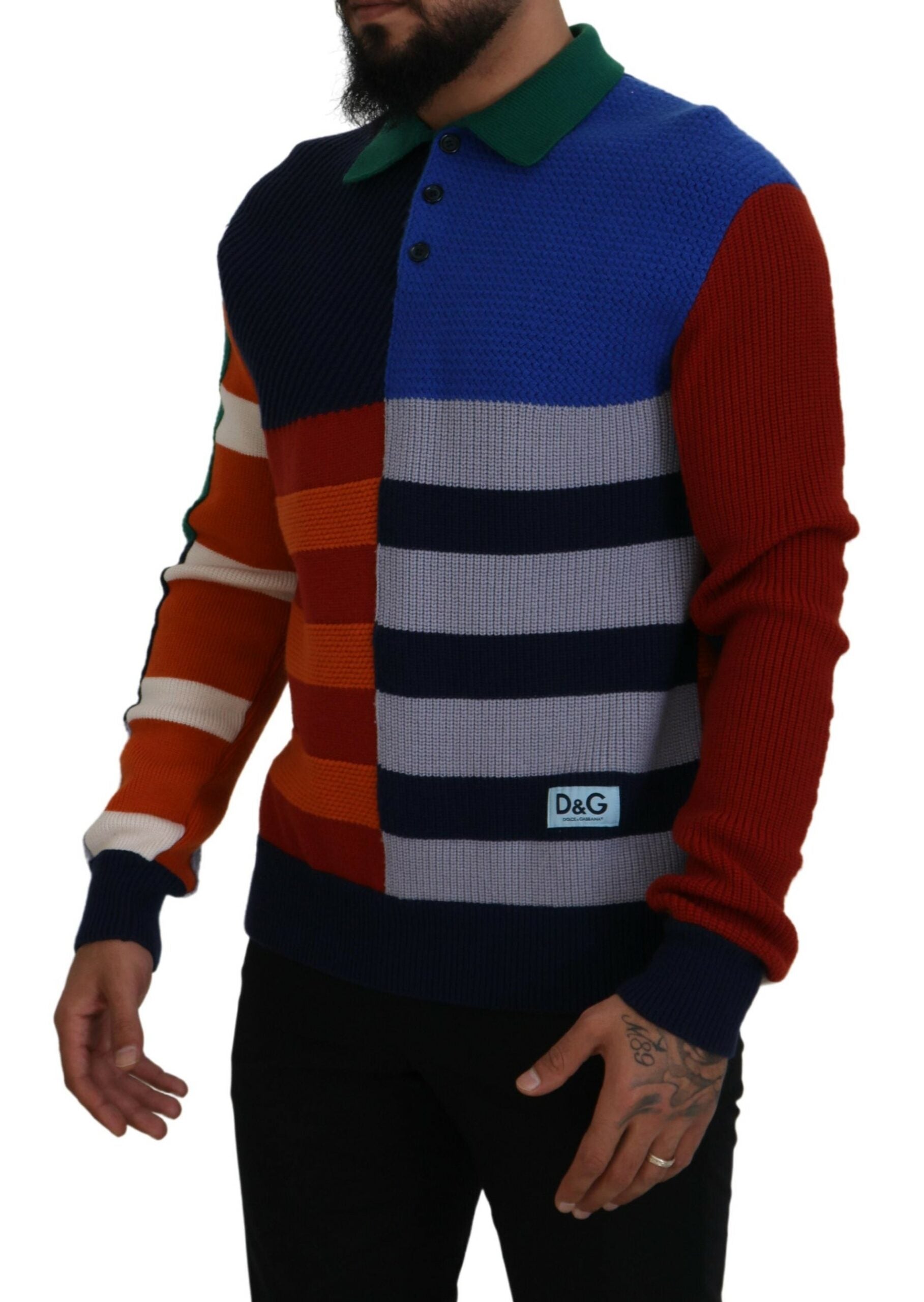 Multicolor striped wool pullover sweater by Dolce & Gabbana, featuring vibrant horizontal stripe patterns and a cozy fit.