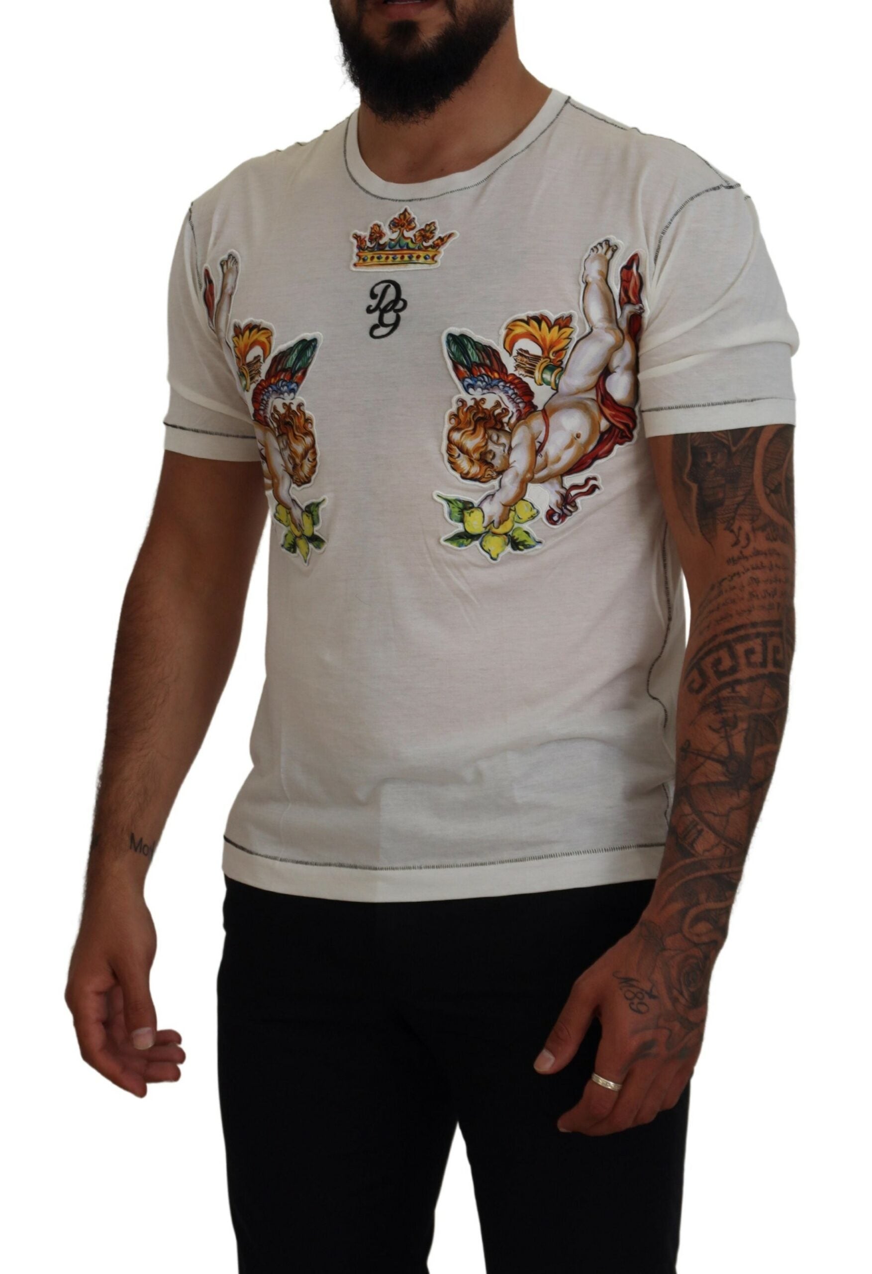 White printed short sleeve men's T-shirt by Dolce & Gabbana with graphic design on front, casual fit, and crew neckline.