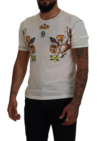 White printed short sleeve men's T-shirt by Dolce & Gabbana with graphic design on front, casual fit, and crew neckline.
