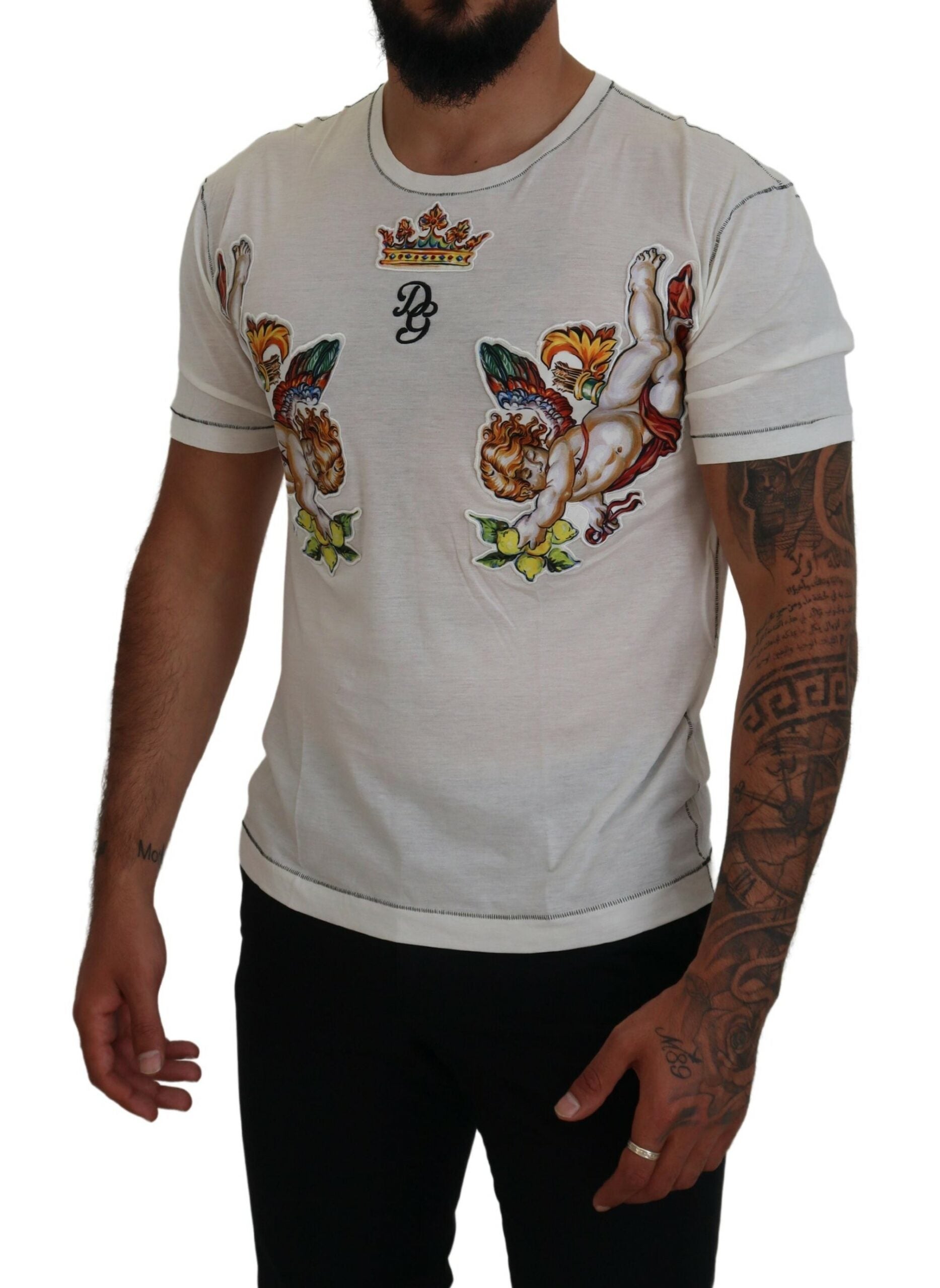 White printed short sleeve men's T-shirt by Dolce & Gabbana, featuring a stylish graphic design on the front.