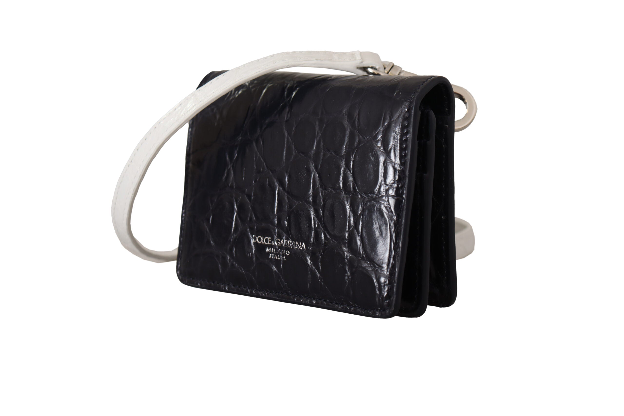 Blue and white Caiman leather strap card holder wallet by Dolce & Gabbana with compact design and sleek style.