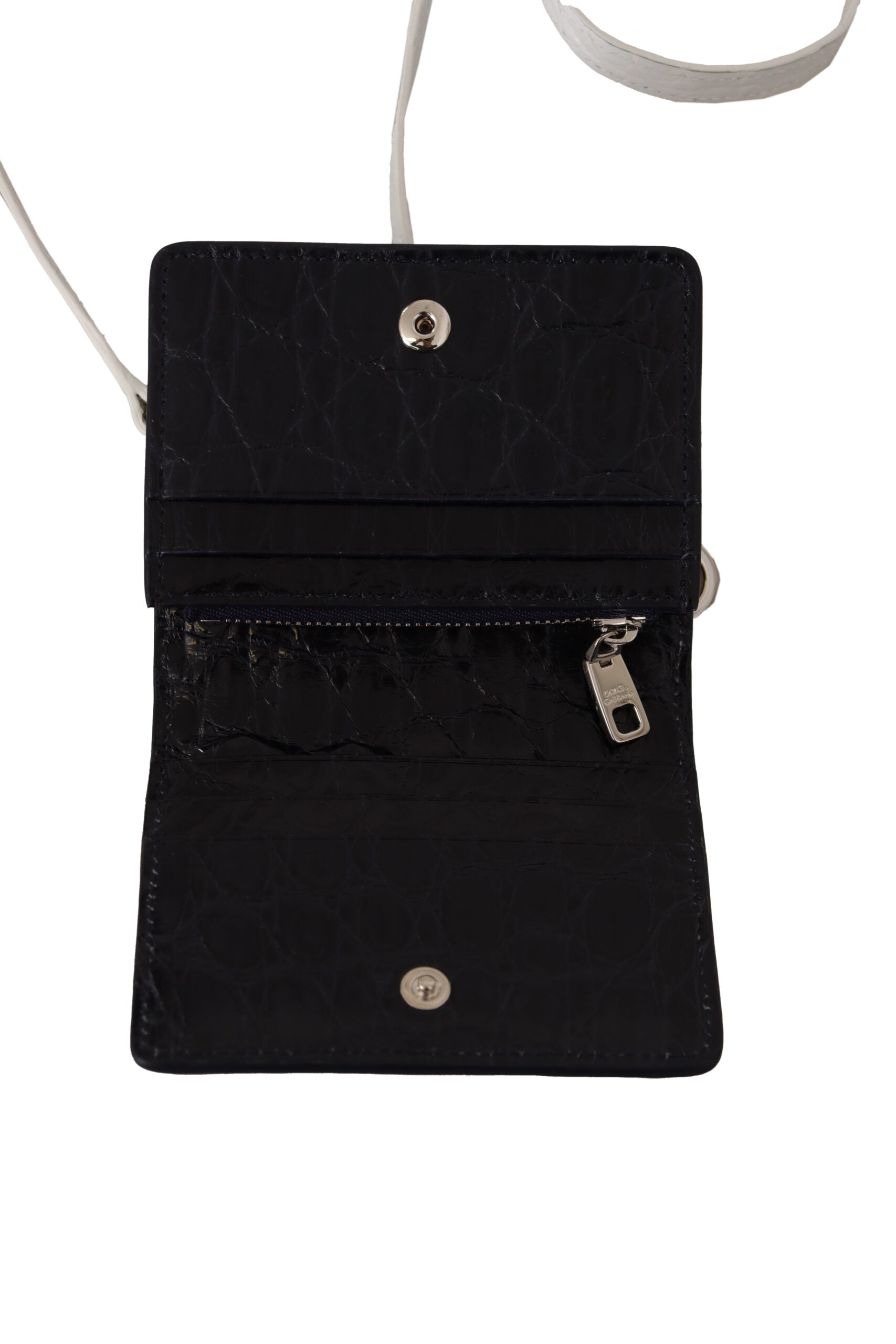 Blue and white Caiman leather strap card holder wallet by Dolce & Gabbana with sleek design and multiple card slots.
