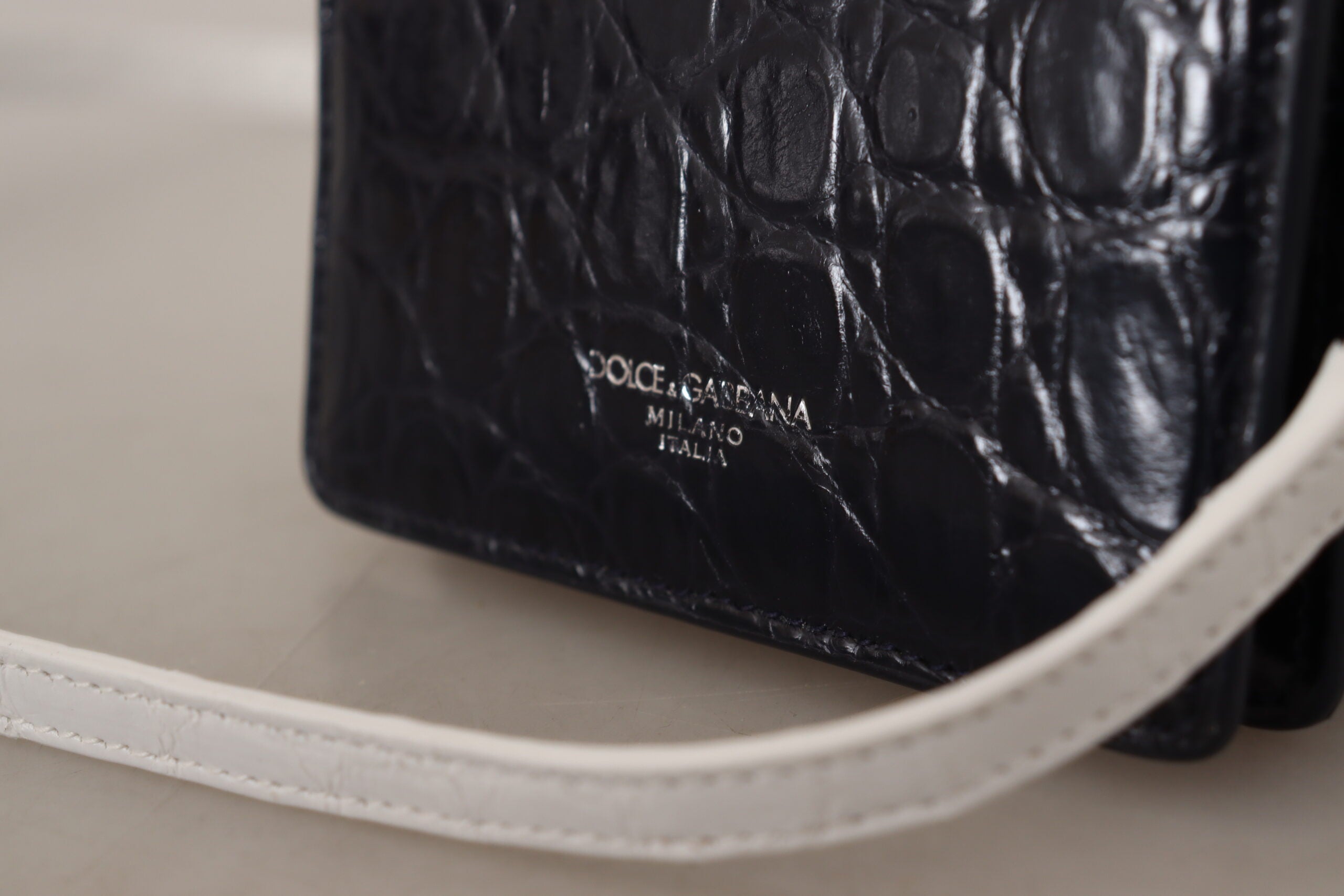 Blue and white Caiman leather strap card holder wallet by Dolce & Gabbana with multiple card slots and sleek design.