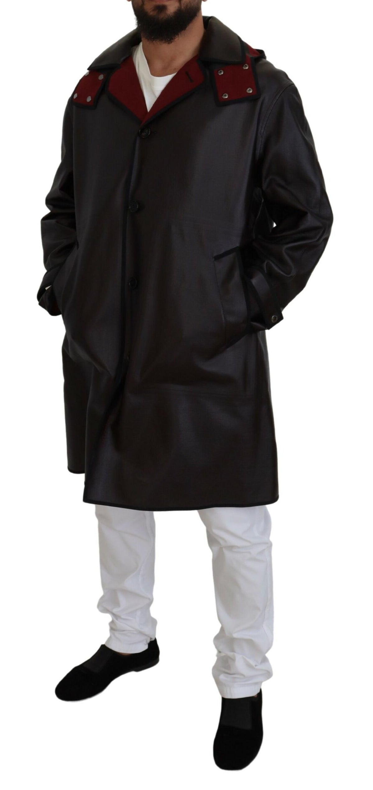 Black Dolce & Gabbana trench hooded parka made of cotton, featuring a hood and classic trench coat design.