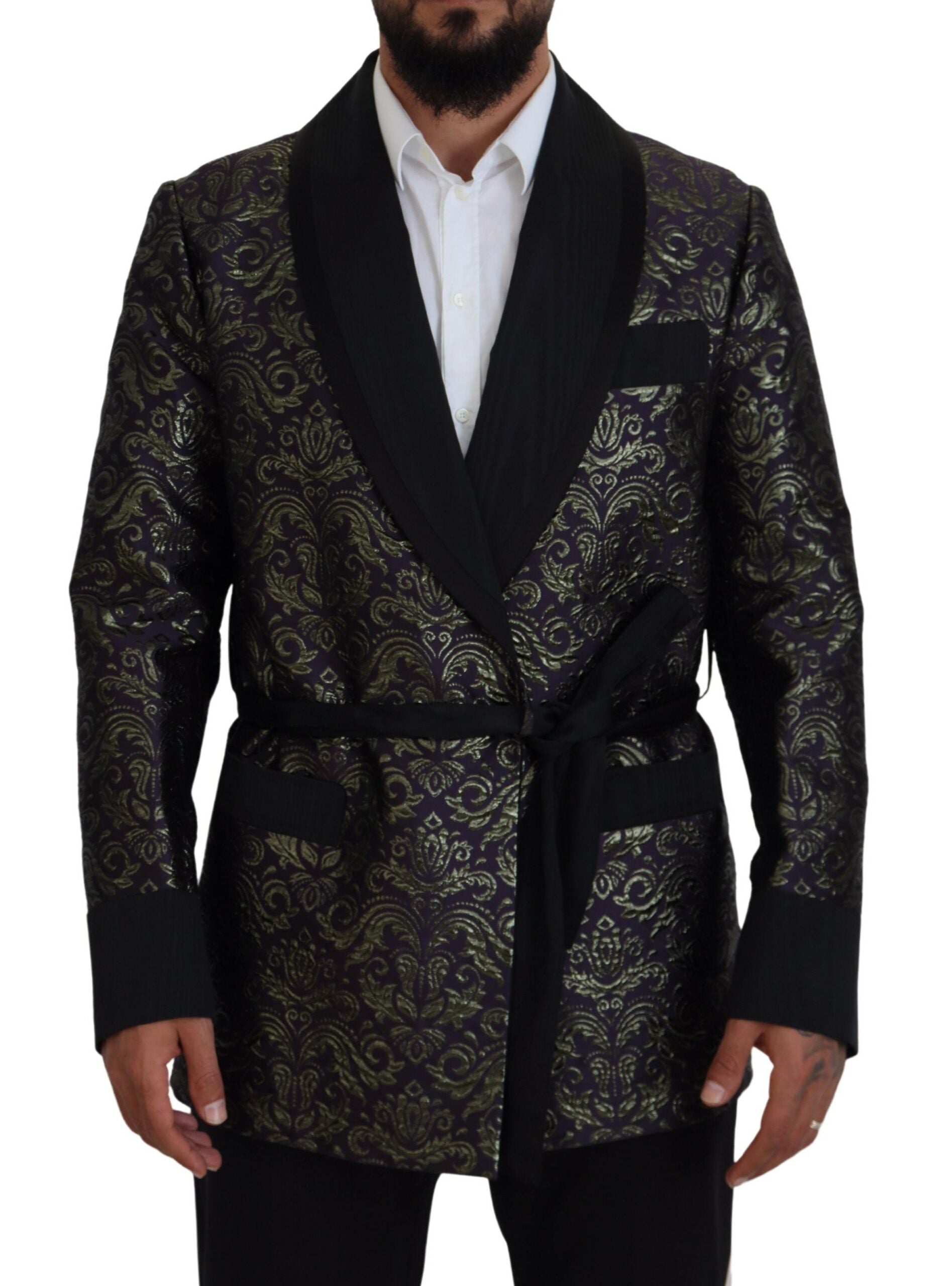 Dolce & Gabbana gold purple baroque blazer jacket with intricate pattern, tailored fit, and luxurious fabric.