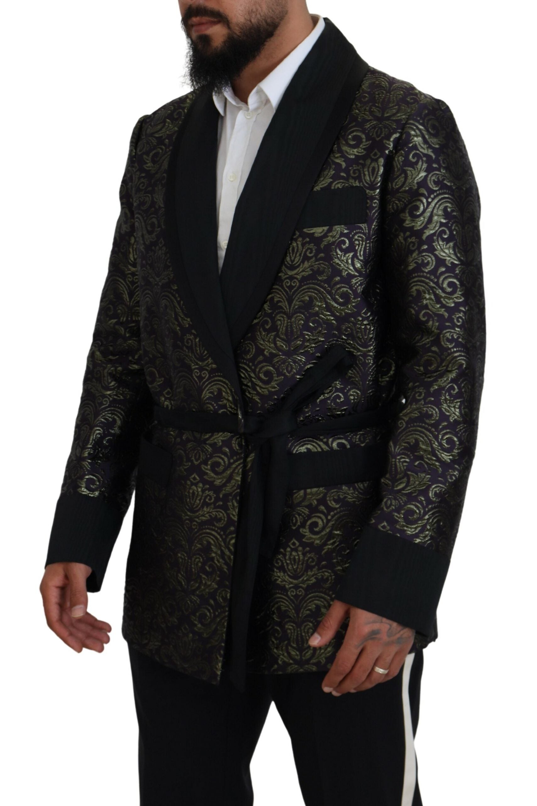 Dolce & Gabbana gold and purple baroque blazer jacket with intricate pattern, stylish and elegant women’s fashion piece.