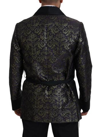 Dolce & Gabbana gold and purple baroque blazer jacket with intricate pattern and elegant design, displayed on a mannequin.