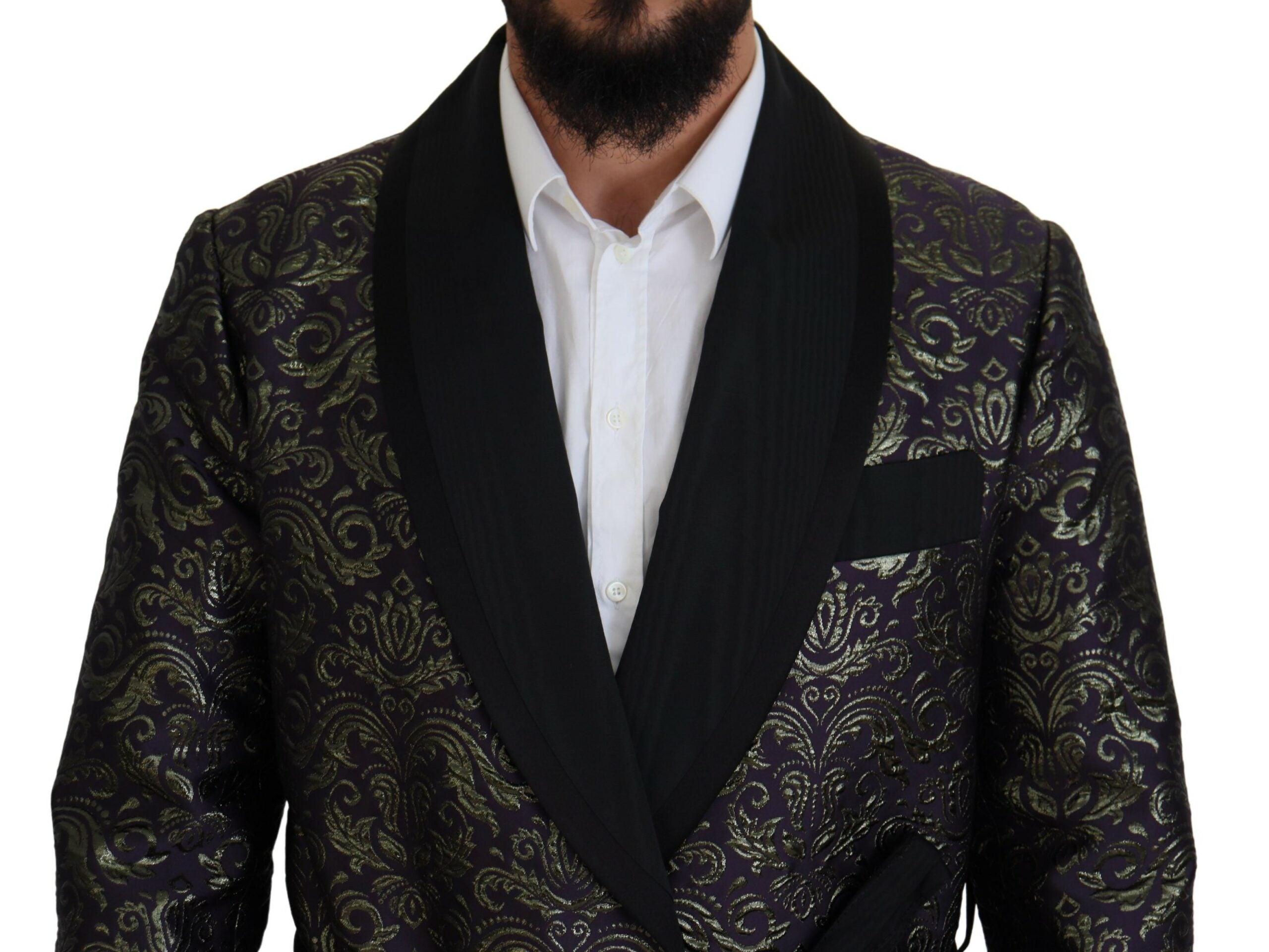 Dolce & Gabbana gold and purple baroque blazer jacket with intricate pattern and tailored fit, shown on a model.