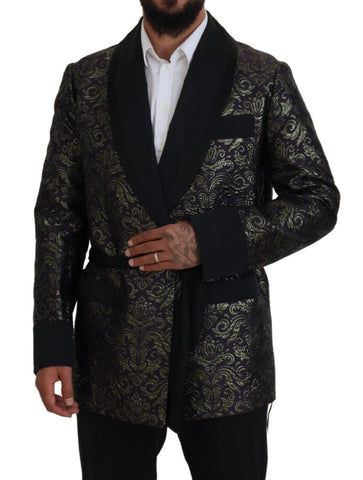 Dolce & Gabbana gold and purple baroque jacket blazer with intricate pattern and tailored fit, styled as a luxurious robe.