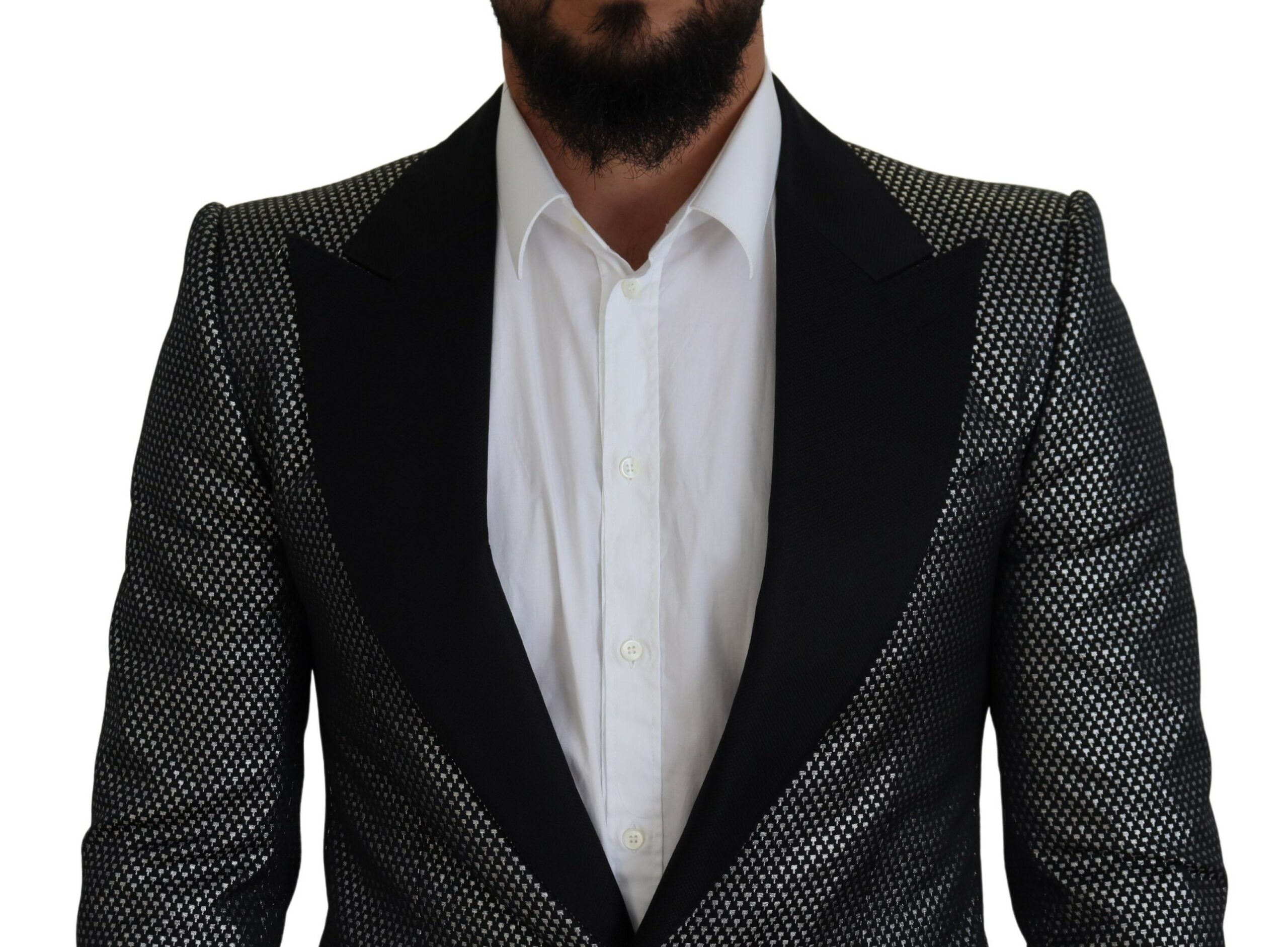 Black and silver jacquard slim fit blazer jacket by Dolce & Gabbana, featuring intricate woven pattern and tailored fit.