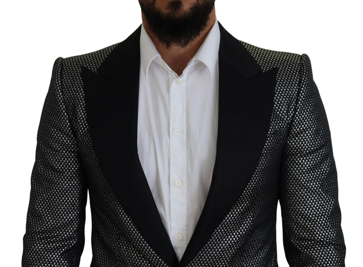Dark Gray Silver Jacquard Slim Fit Jacket Blazer - Jag Couture London