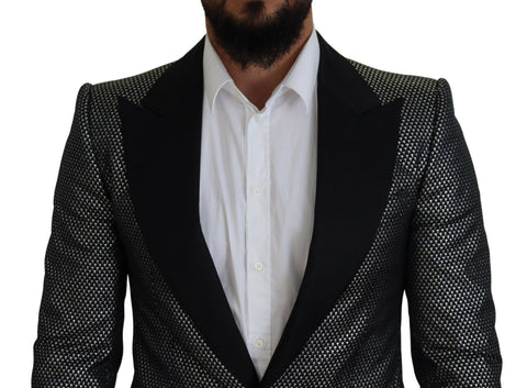 Dark Gray Silver Jacquard Slim Fit Jacket Blazer - Jag Couture London