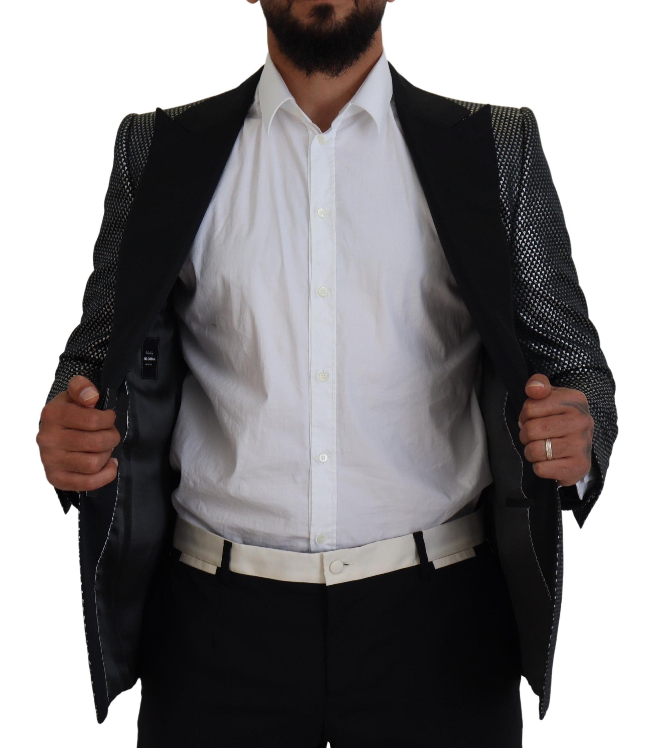 Black and silver jacquard slim fit blazer jacket by Dolce & Gabbana, featuring detailed woven pattern and tailored fit.