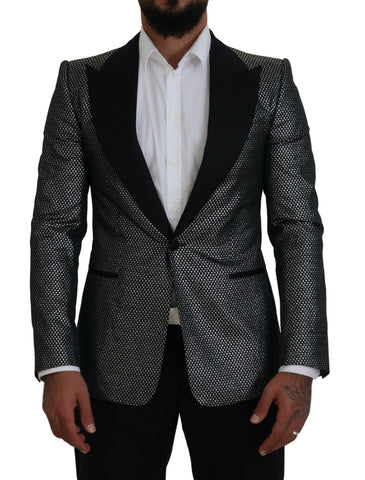 Black and silver Jacquard slim fit jacket blazer by Dolce & Gabbana, featuring intricate woven pattern and tailored fit.
