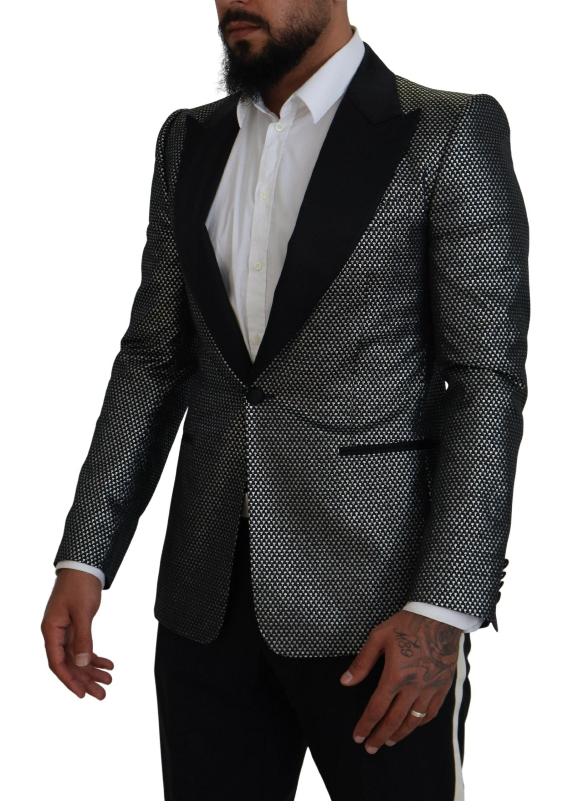 Black and silver jacquard slim fit blazer jacket by Dolce & Gabbana, featuring intricate woven pattern and tailored fit.