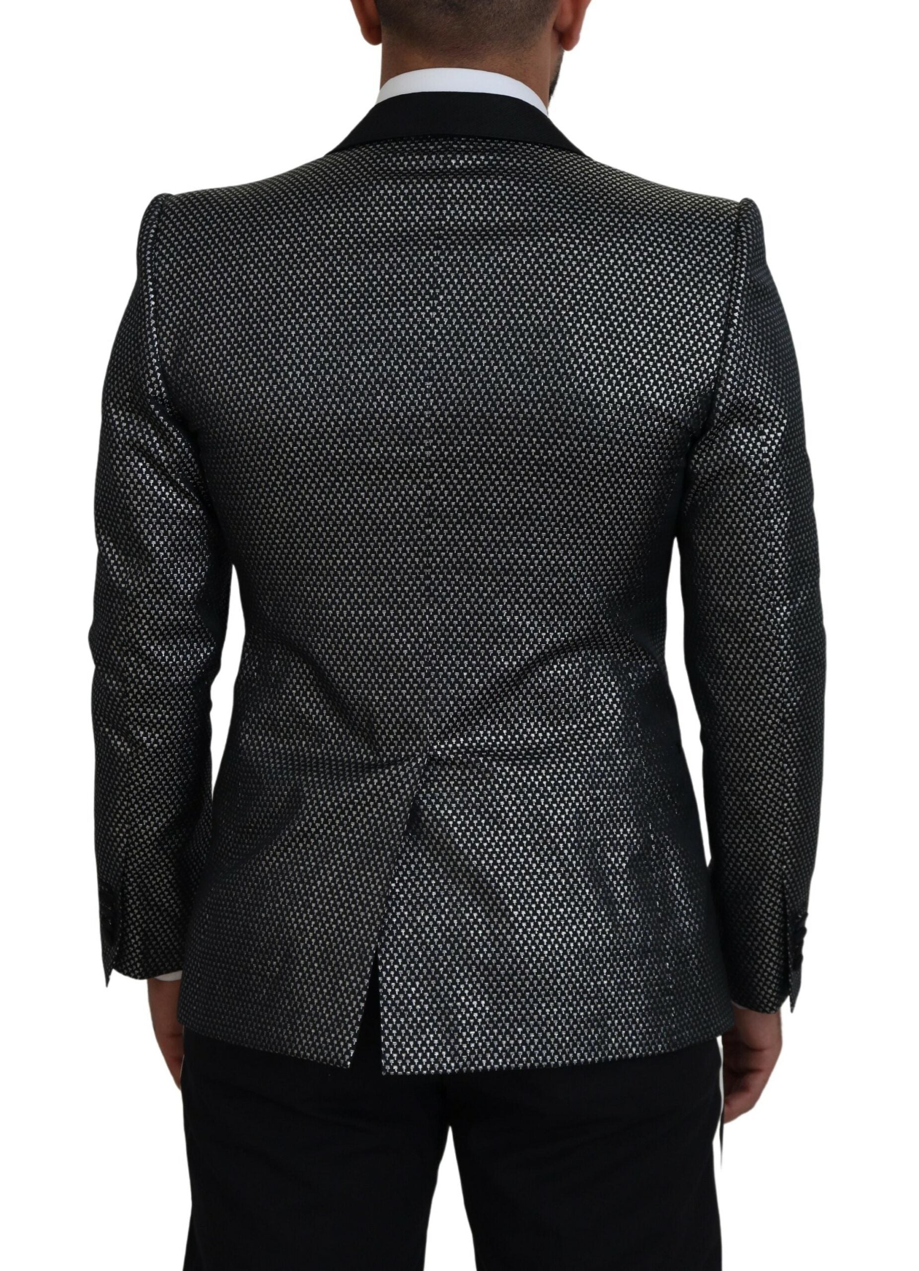Dolce & Gabbana black and silver jacquard slim fit blazer jacket with tailored design and intricate fabric pattern.