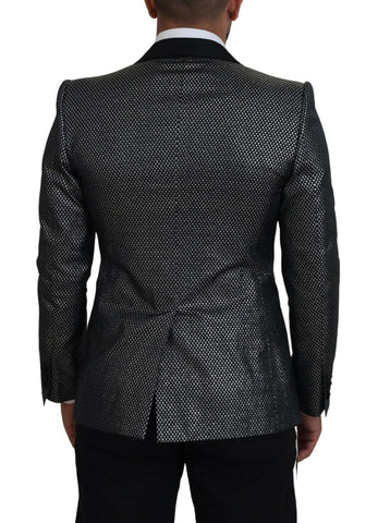 Dolce & Gabbana black and silver jacquard slim fit blazer jacket with tailored design and intricate fabric pattern.