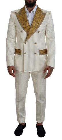 Dolce & Gabbana Off White gold striped tuxedo slim fit suit, featuring a tailored jacket and matching trousers with elegant stripe details.